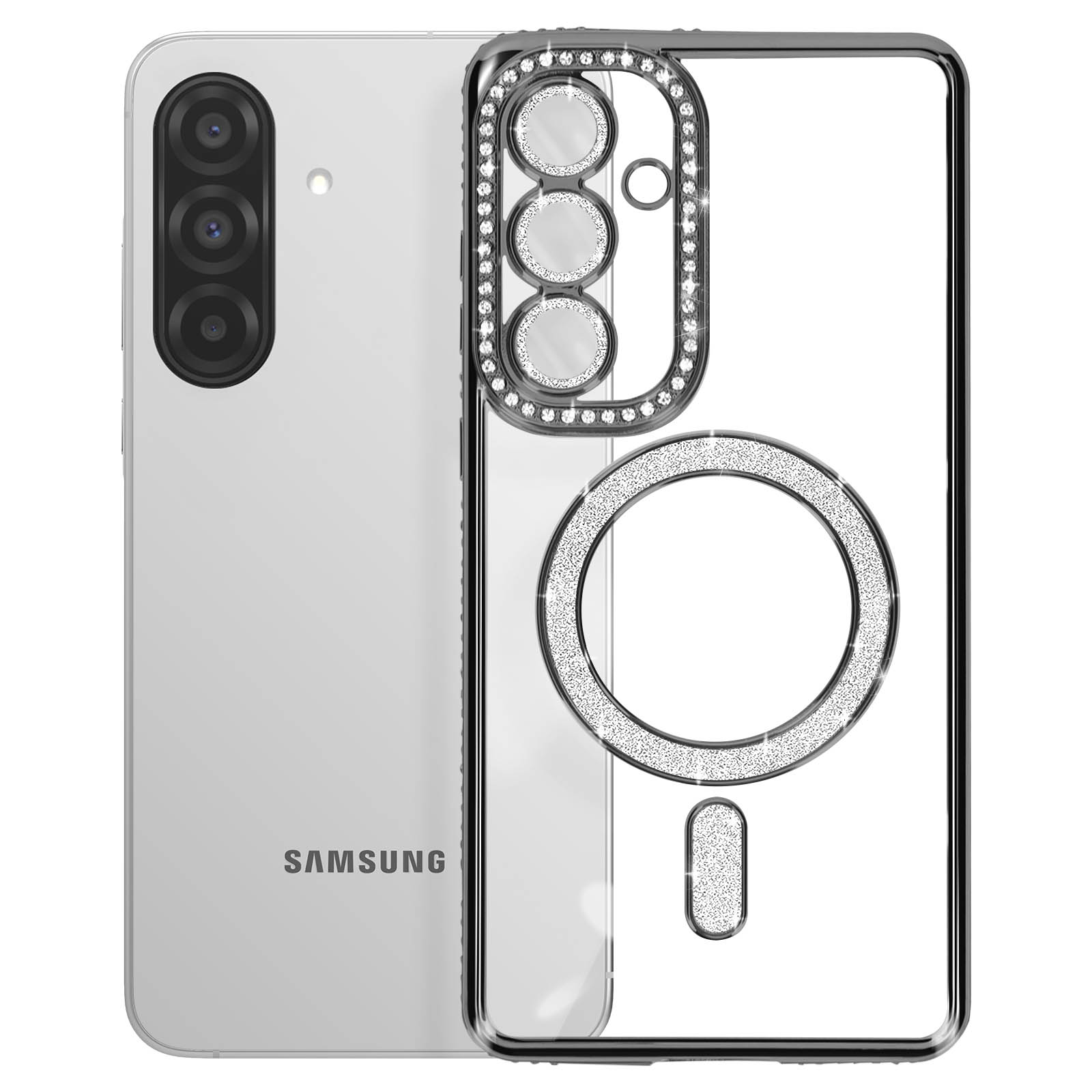 Un téléphone Samsung argenté avec une coque transparente décorée de strass.