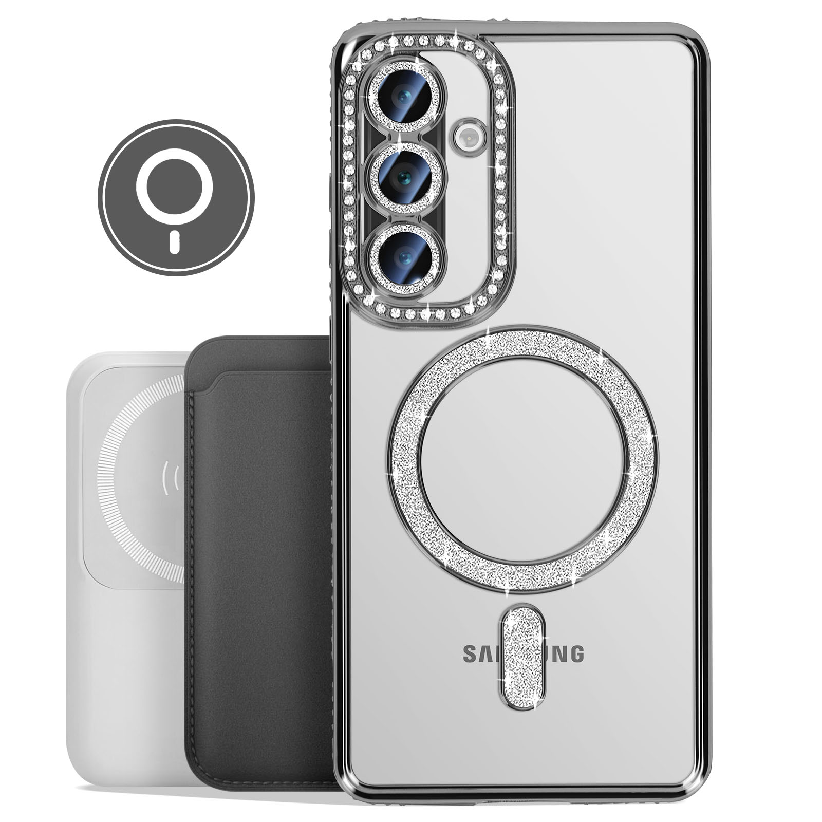 Coque de téléphone transparente avec anneau et cercle de caméra incrustés de diamants. Chargeur sans fil blanc et étui noir.