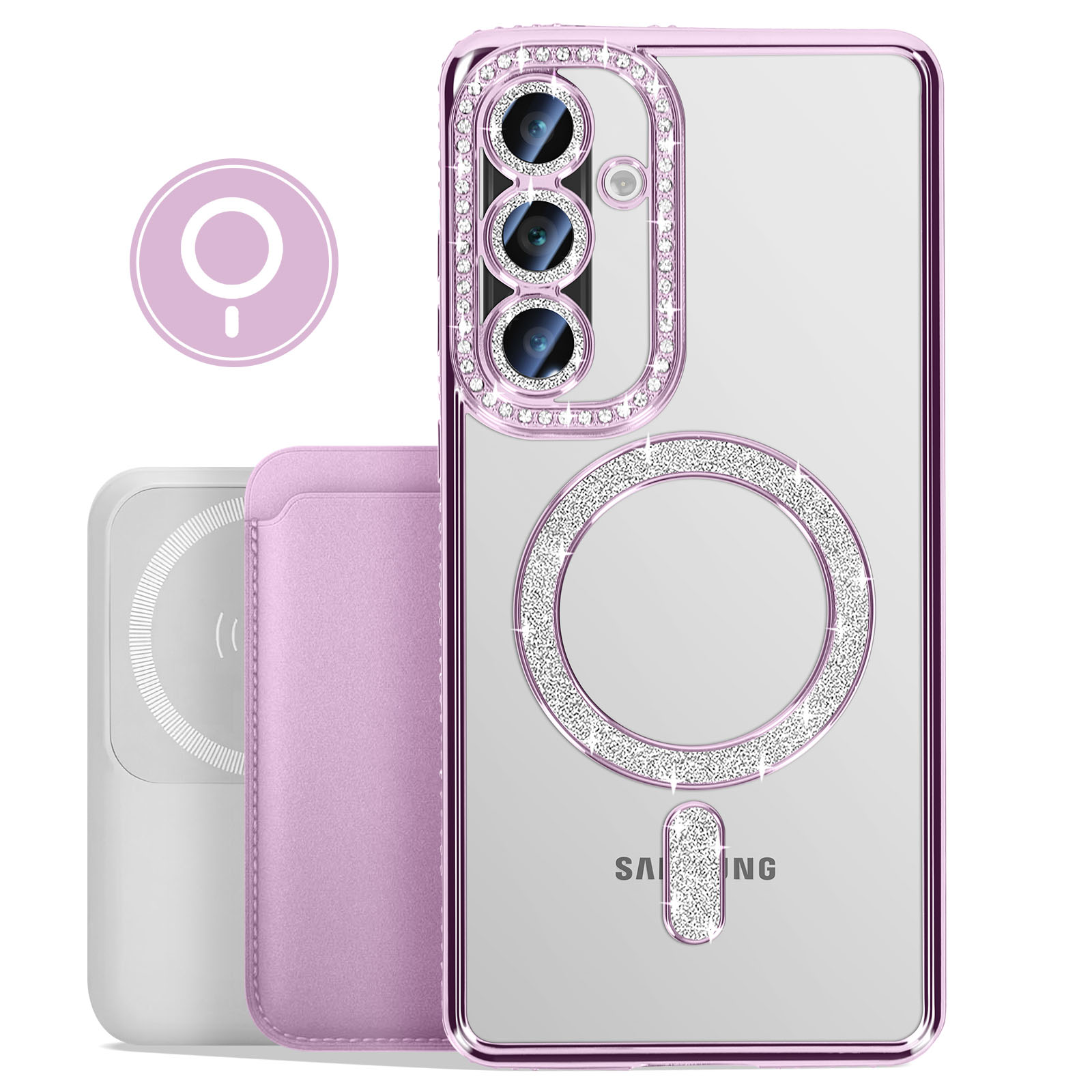 Un étui de téléphone avec des strass, un étui de chargement et un support d'anneau magnétique.