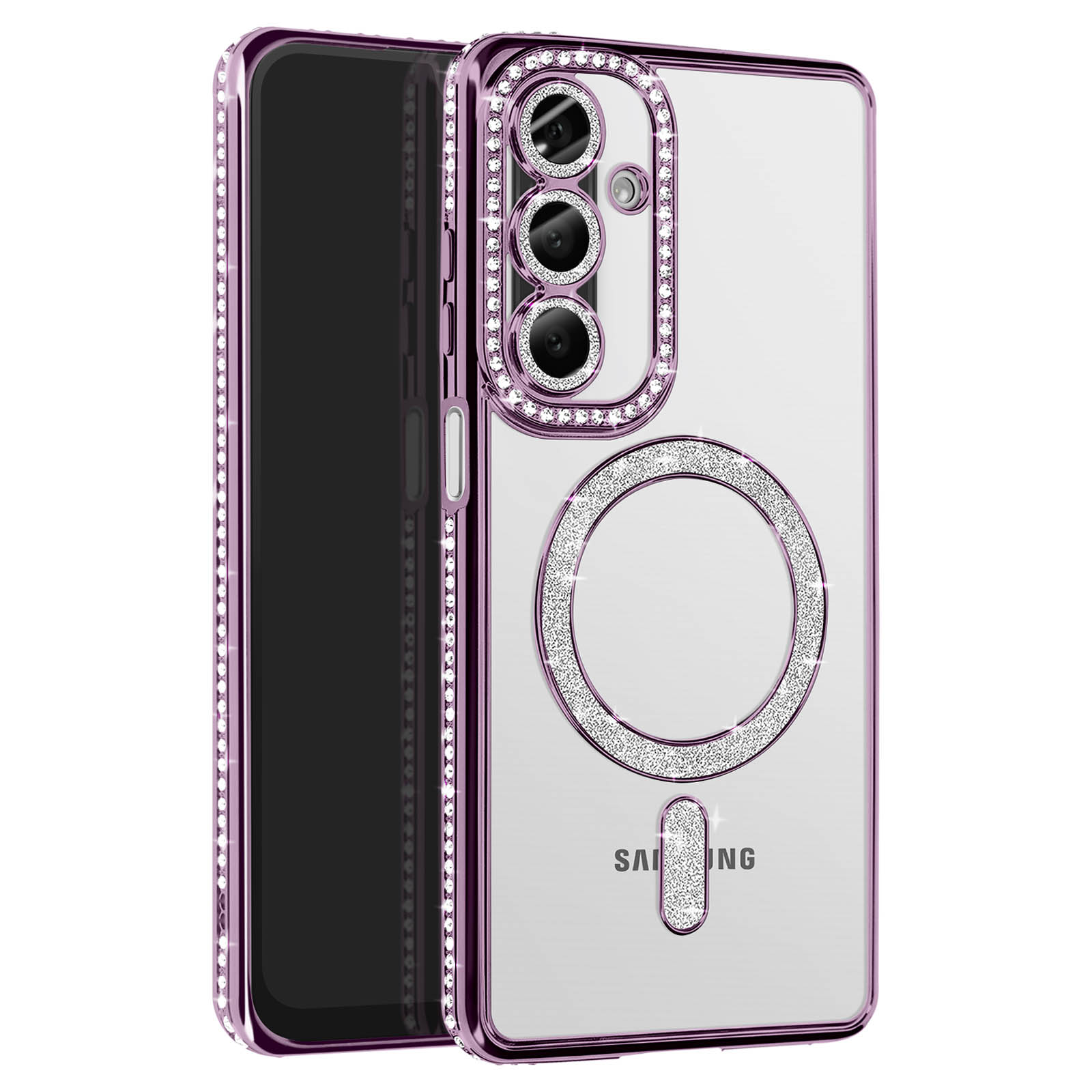 Una custodia trasparente per telefono con cristalli attorno alla fotocamera e un anello sul retro.