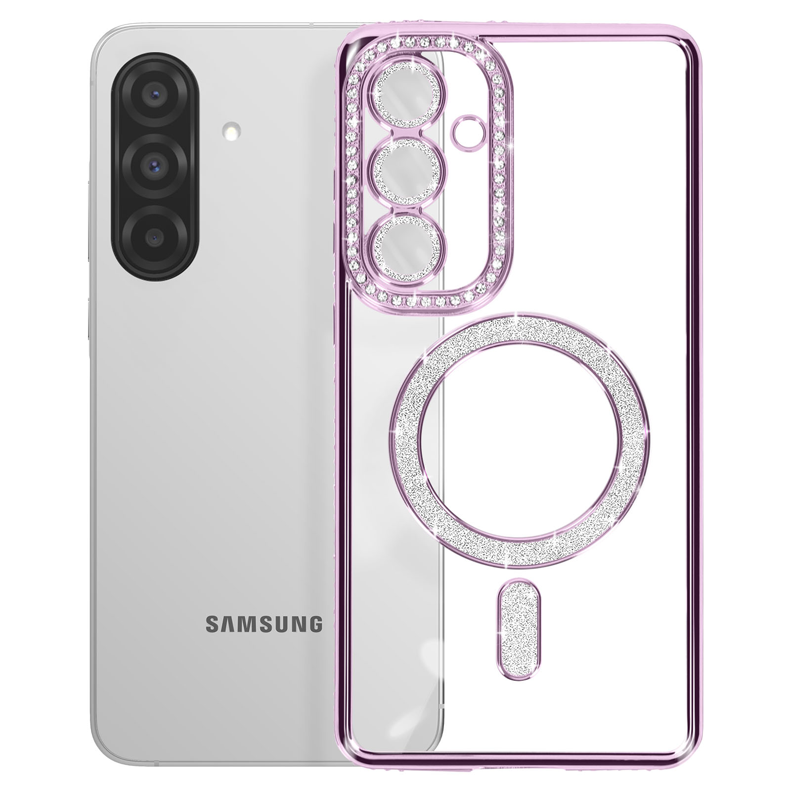 Un téléphone Samsung avec un étui transparent à bord rose incrusté de strass autour de l'appareil photo.