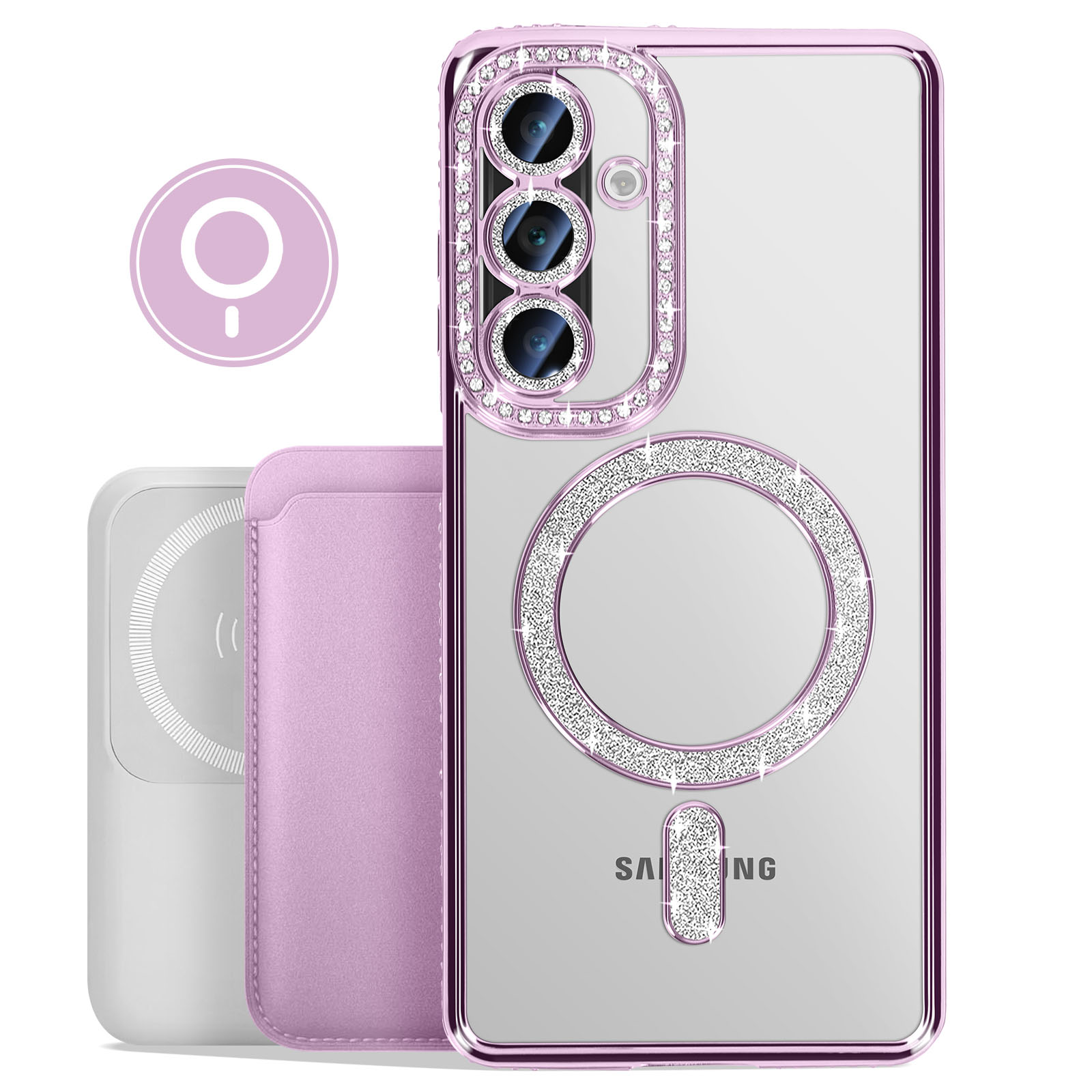 Una custodia per telefono con anello e porta carte. Colore lilla.