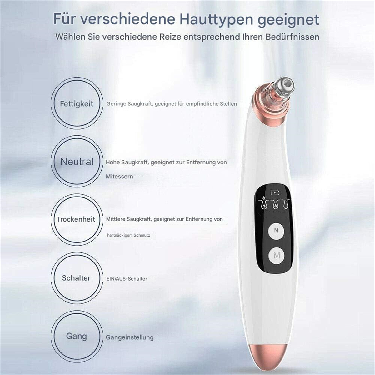 Weißer und roségoldener Porenreiniger. Diagramme zeigen Einstellungen für verschiedene Hauttypen: fettig, neutral, trocken und ein/aus.