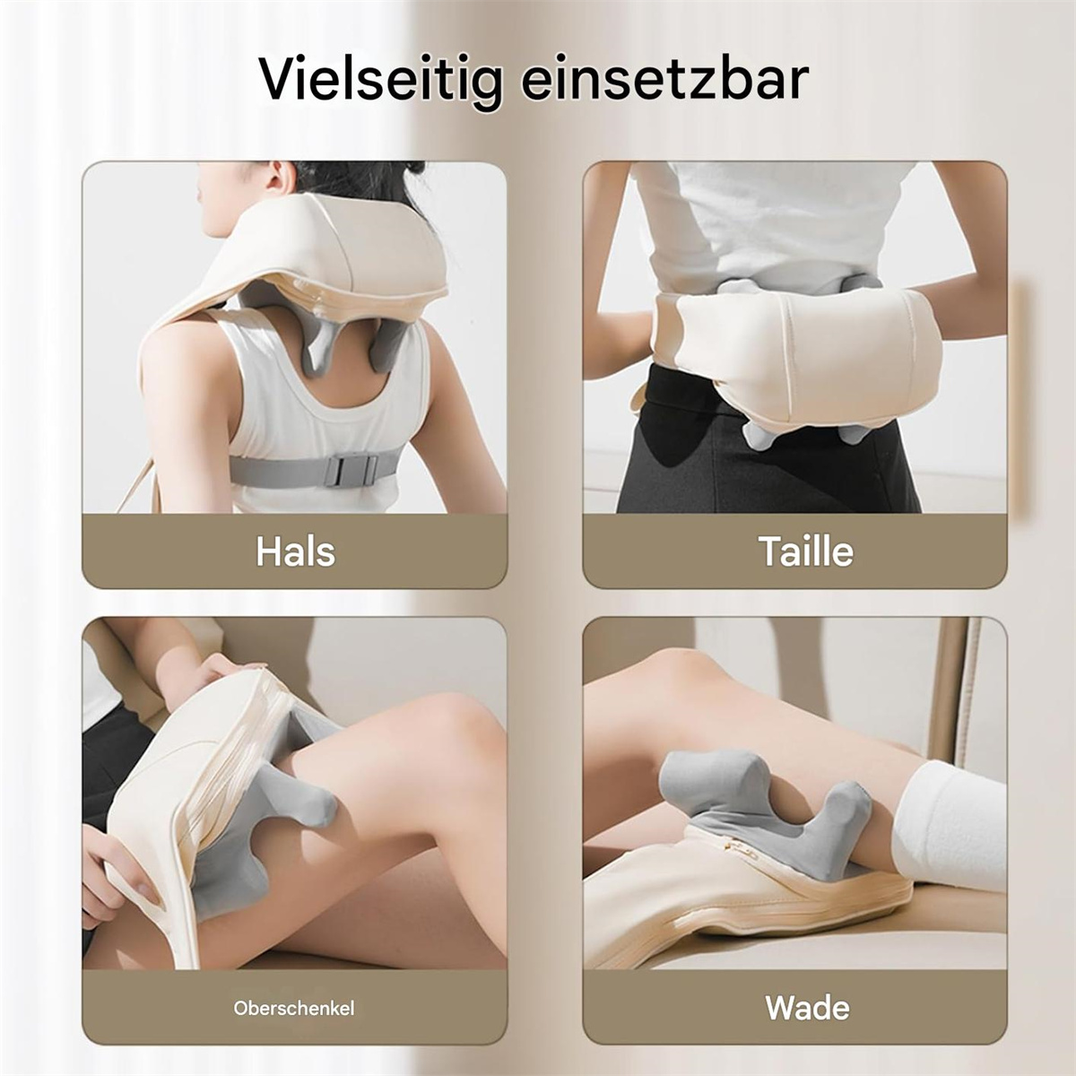 Massagegerät für Nacken, Taille, Oberschenkel und Wade. Text beschriftet jeden Körperteil.