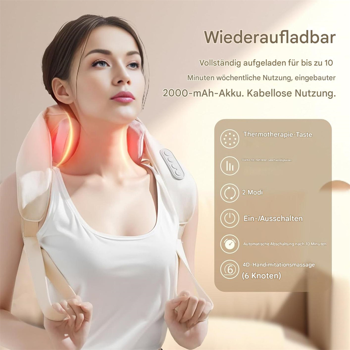 Frau mit Nackenmassagegerät, Produktinformationen rechts.