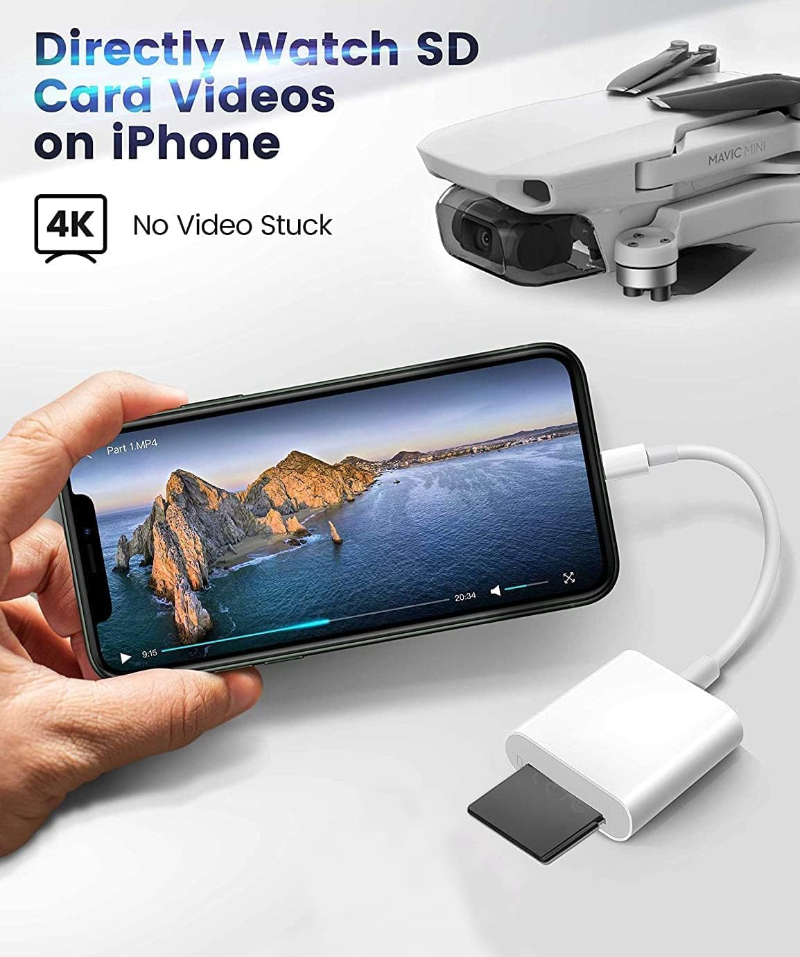 Person hält Telefon, verbunden mit weißem Adapter, zeigt Drohnenvideo. Weißer Hintergrund.