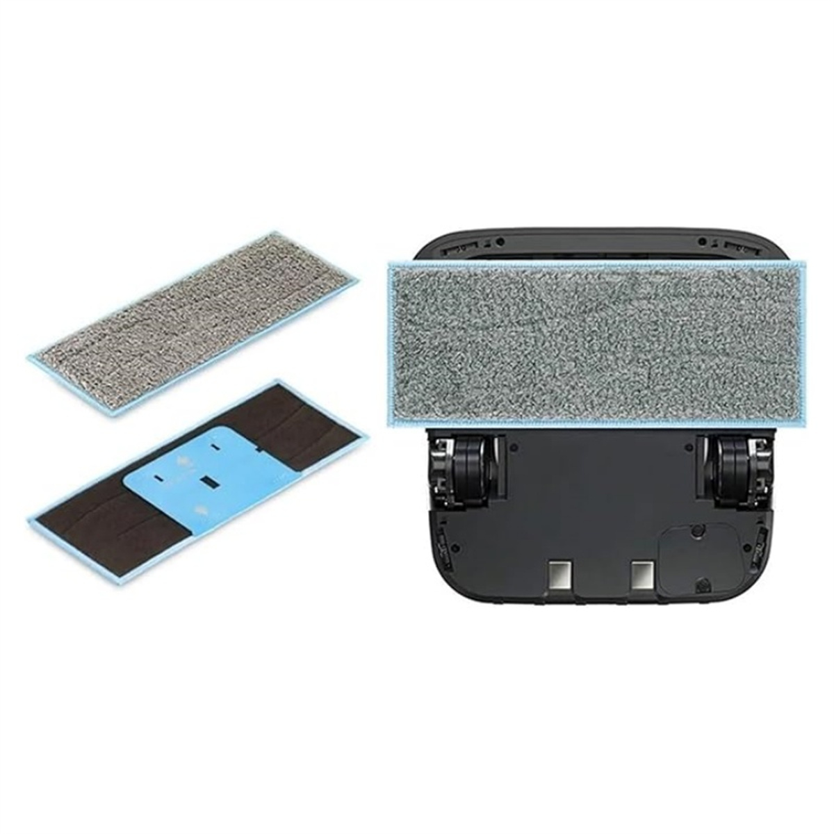 Robot-Wischmopp mit zwei Reinigungspads und einem zusätzlichen Pad. Pads sind rechteckig und blau akzentuiert.