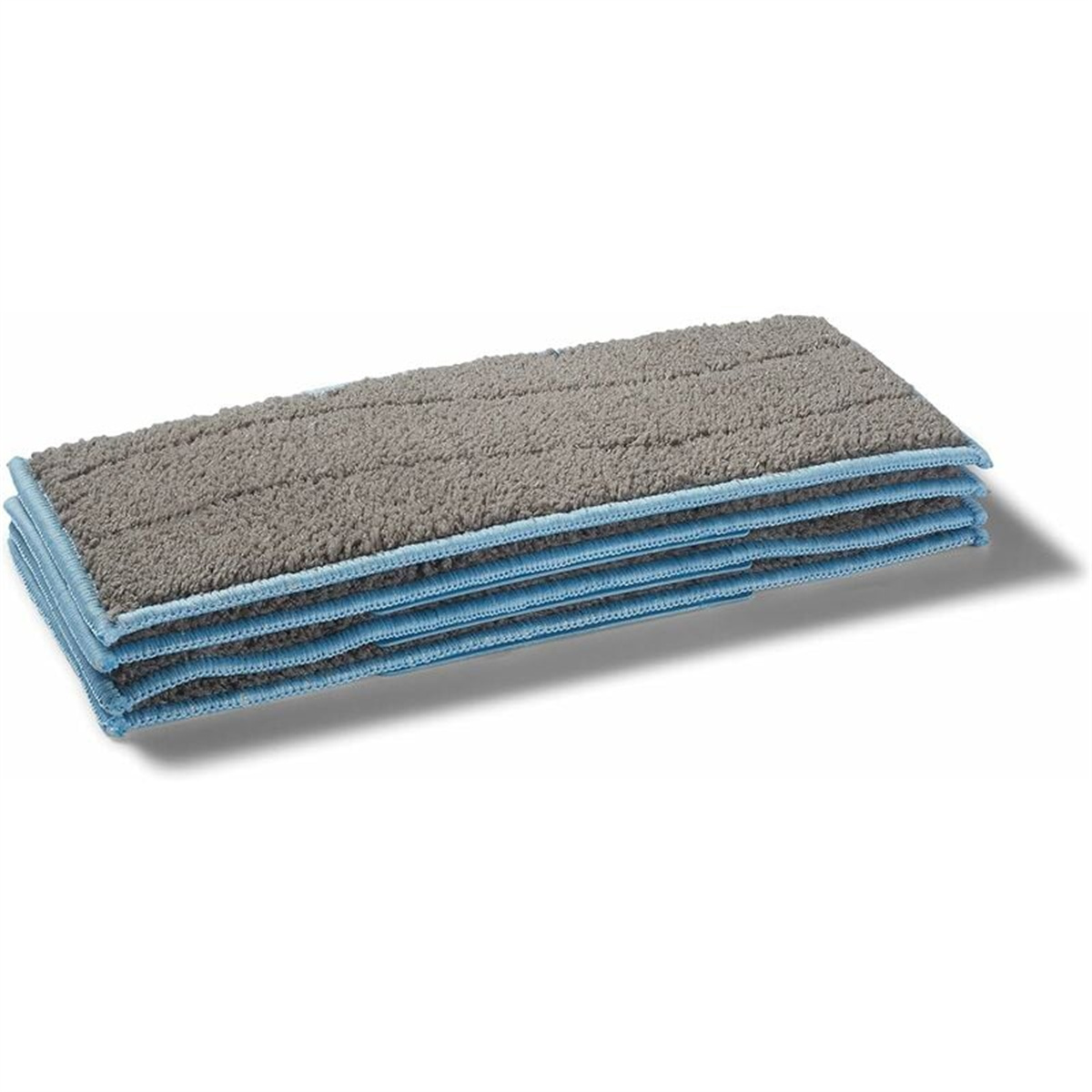Graue und blaue Mikrofaser-Mopppads. Auf weißem Hintergrund mit Schatten gestapelt.