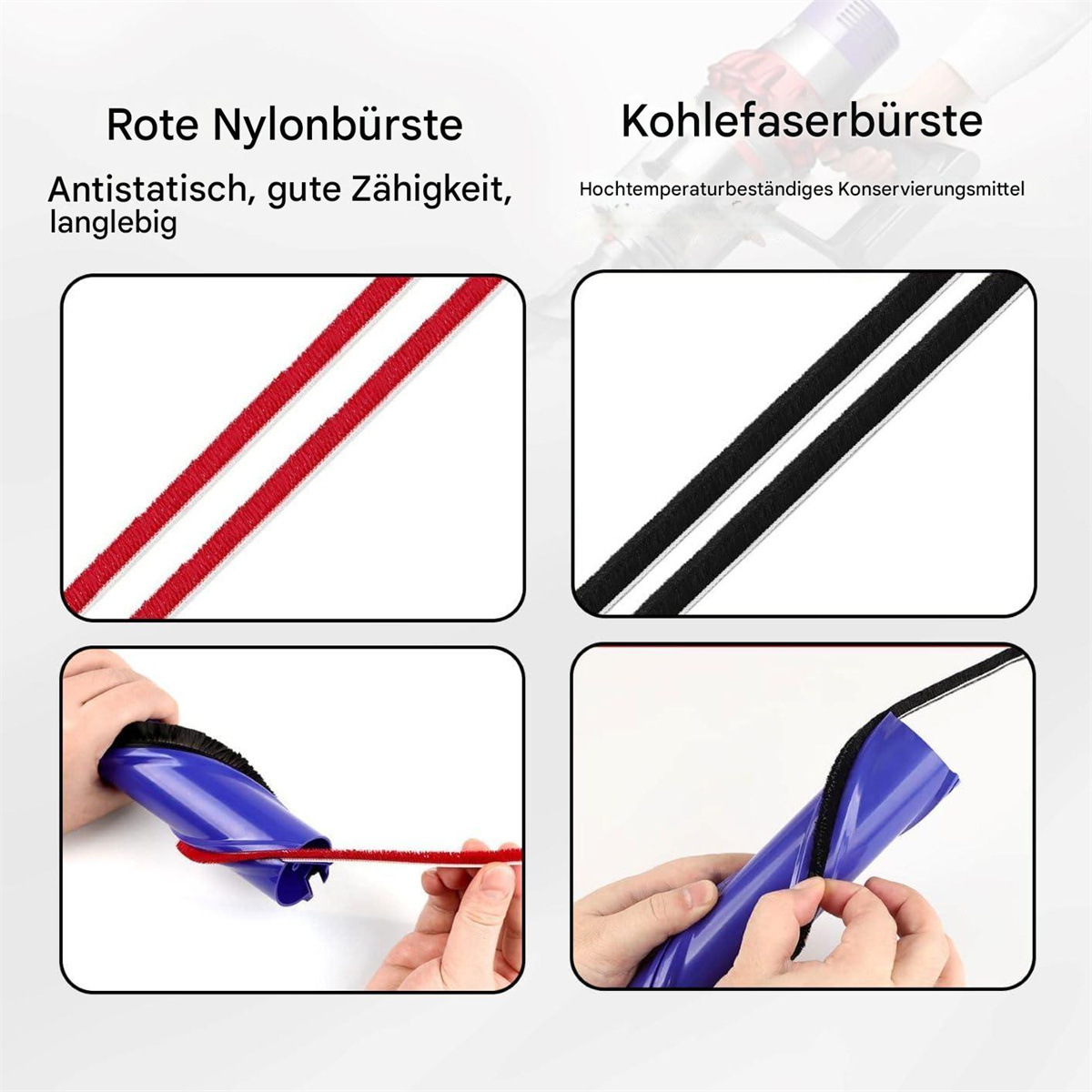 Staubsauger-Bürstenköpfe und Hand, die sie benutzt. Rote und schwarze Borsten mit Beschreibungen.