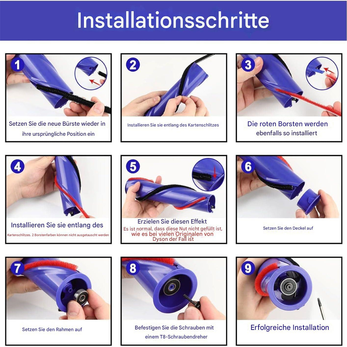 Eine Reihe von neun Bildern, die die Schritte zur Installation eines Produkts zeigen.