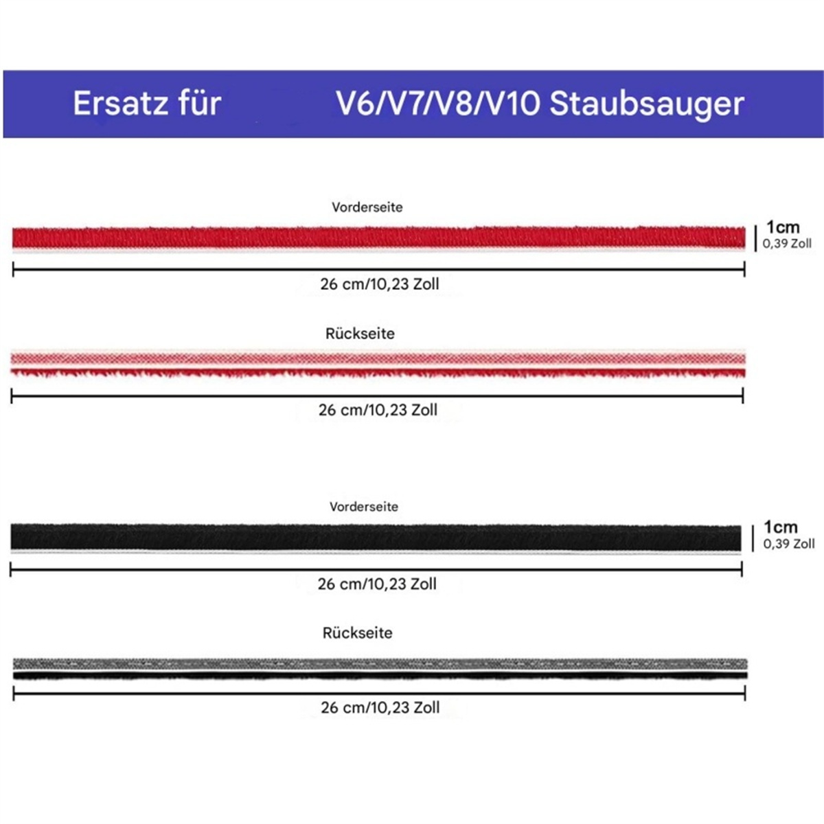 Drei Streifen Ersatzstoff für einen Staubsauger in Rot, Schwarz und Grau.