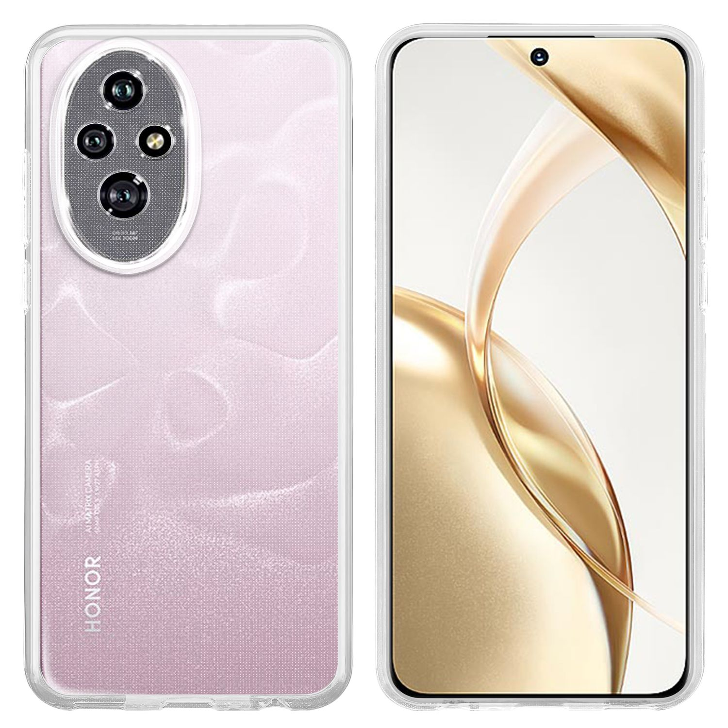 Eine transparente Handyhülle mit rosa Farbverlauf auf der Rückseite, HONOR-Branding und mehreren Kameralinsen.