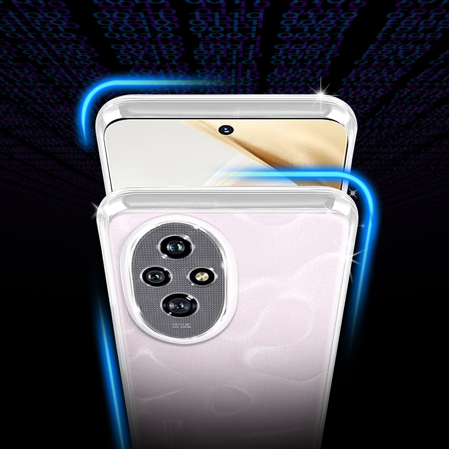 Zwei Telefone in transparenten Hüllen, eines mit Bildschirm, das andere mit Kameralinse und Design.