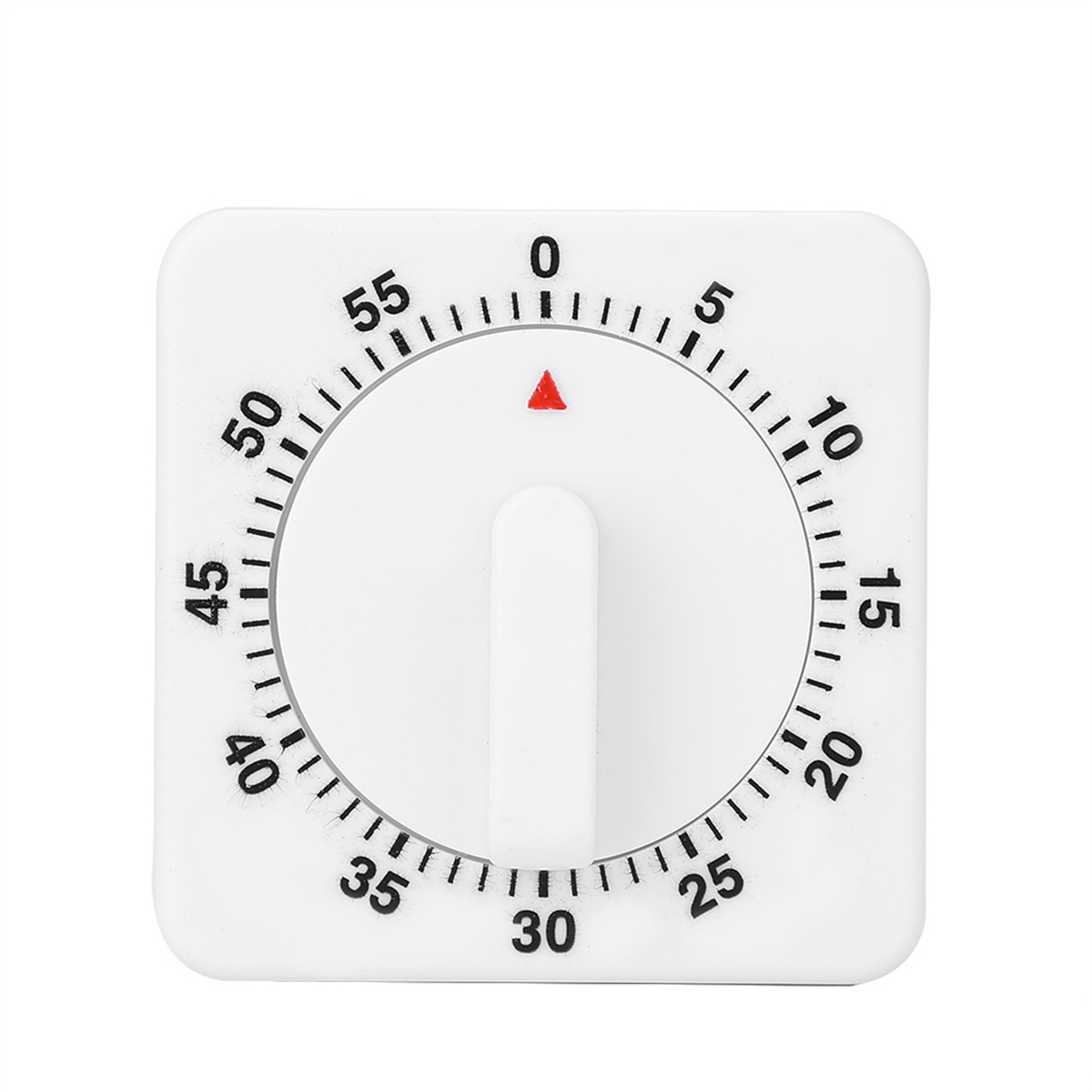 Weißer quadratischer Timer mit einem roten Dreieck oben, das die Zeit anzeigt.