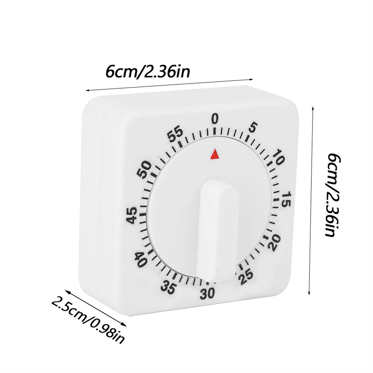 Weißer quadratischer Timer mit Zifferblatt, misst 6x6x2,5 cm. Er hat einen roten Indikator und zeigt Zahlen.