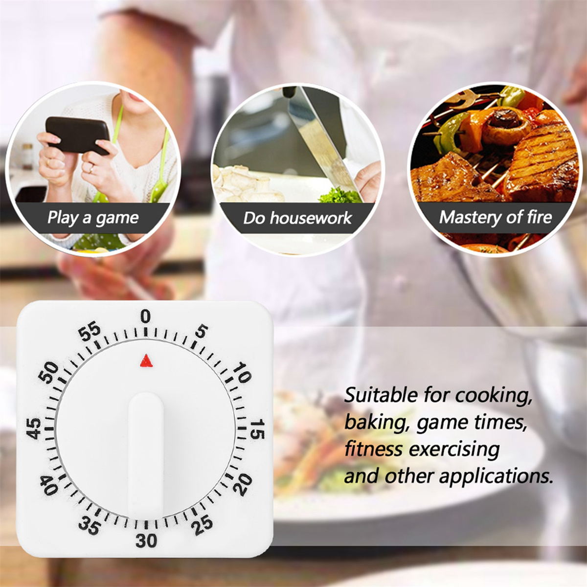 Ein weißer Küchentimer mit rotem Pfeil, mit Symbolen für Aktivitäten: Spielen, Hausarbeit und Kochen.