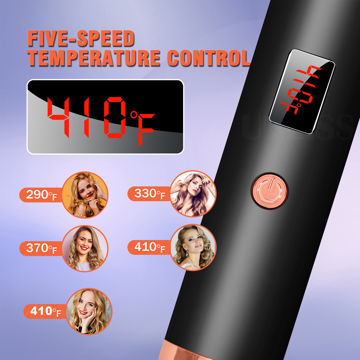 Ein Lockenstab mit Temperatureinstellungen und Bildern von Frauen mit verschiedenen Frisuren.