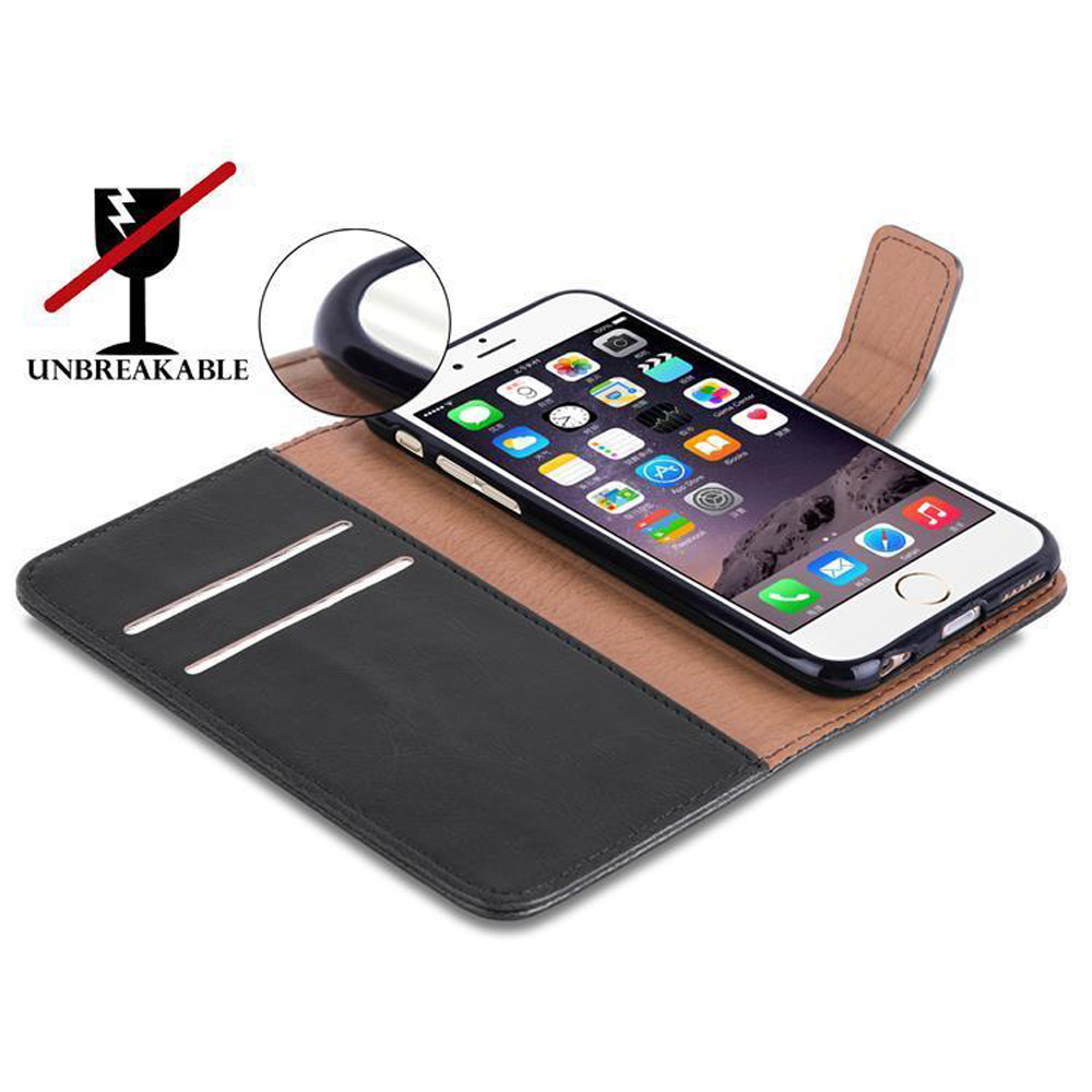Uno smartphone in una custodia nera e marrone, con un'icona 'Infrangibile'. La custodia è aperta.