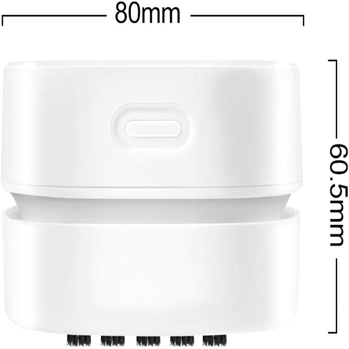 Weißer Mini-Staubsauger. Abmessungen sind 80 mm x 60,5 mm. Schwarze Bürsten sind unten sichtbar.