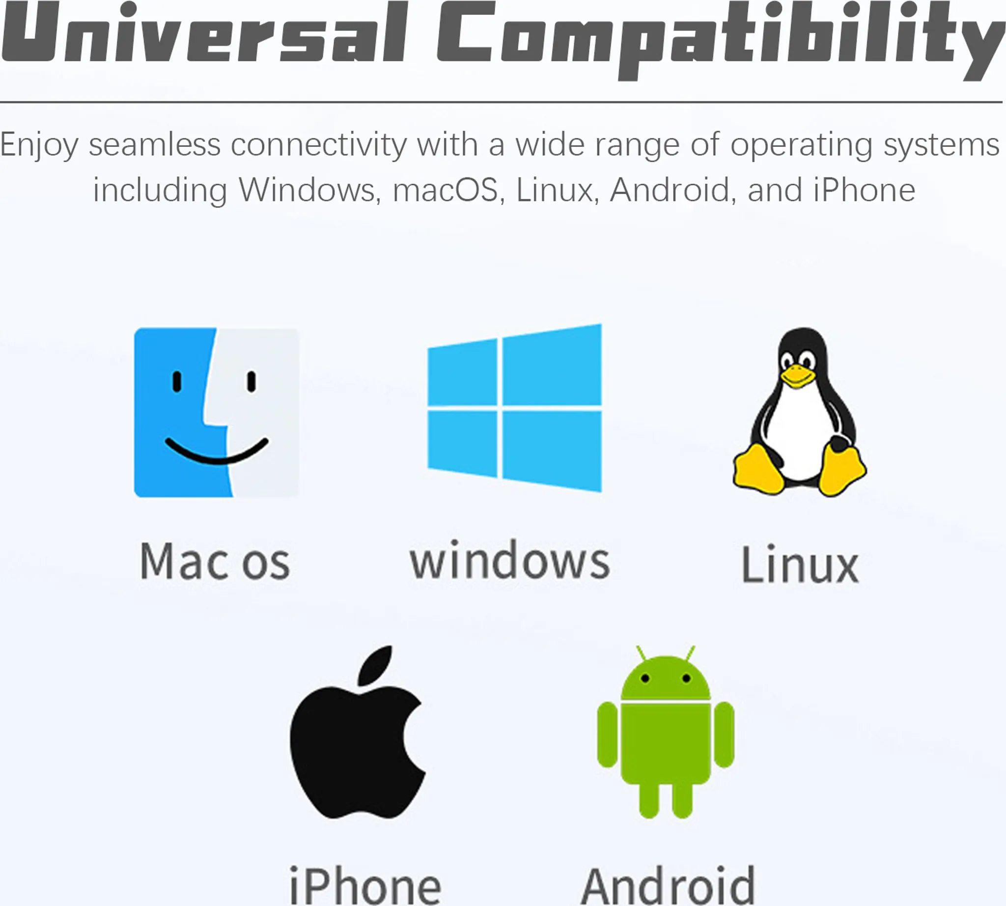 Logos von MacOS, Windows, Linux, iPhone und Android, die universelle Kompatibilität veranschaulichen.