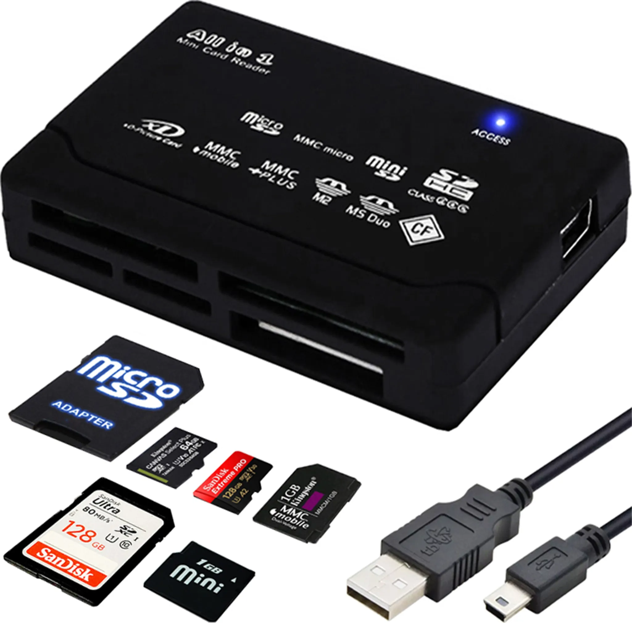 Schwarzer Kartenleser mit mehreren Kartensteckplätzen und USB-Kabel, zusammen mit verschiedenen Speicherkarten.