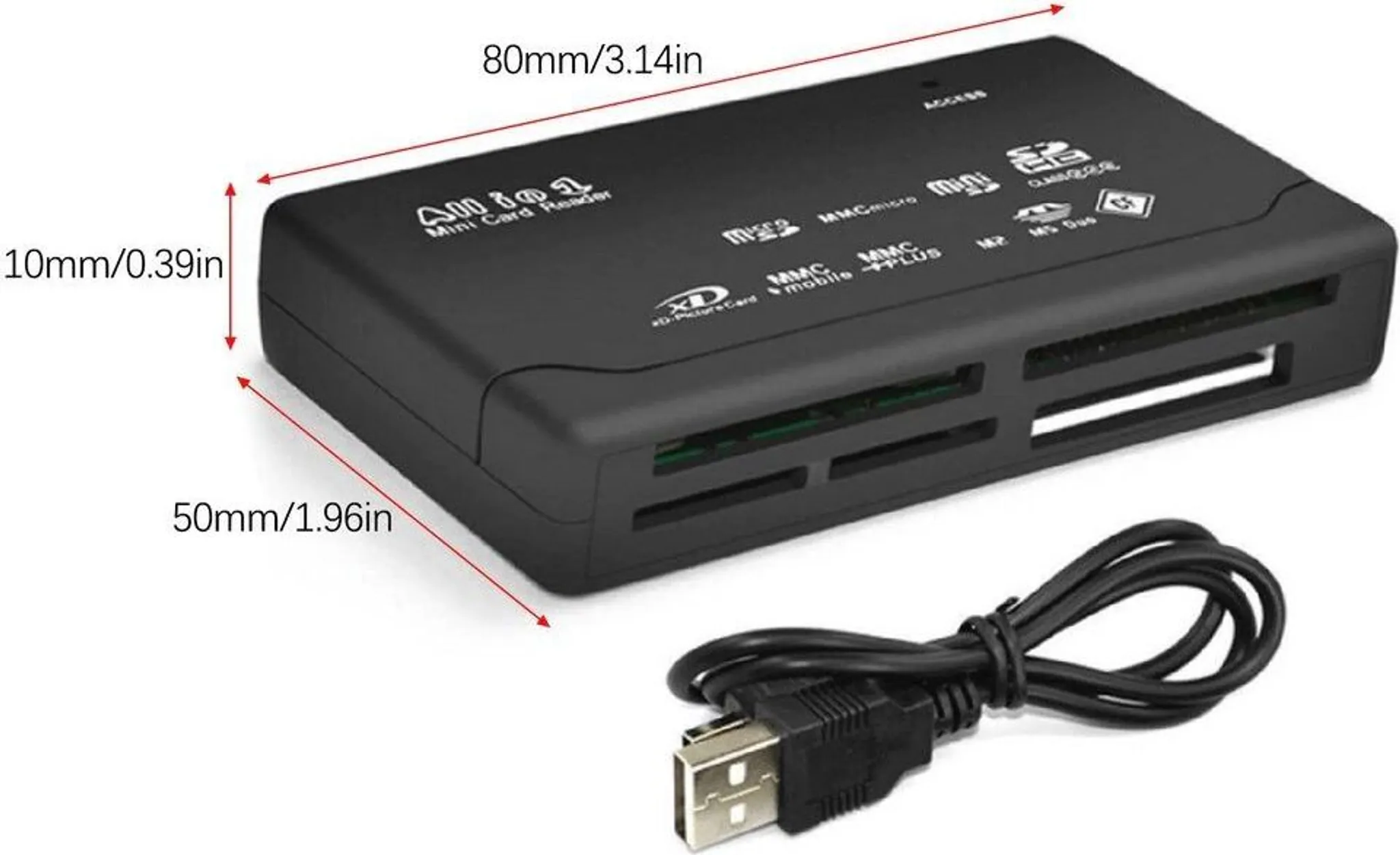 Schwarzer Kartenleser mit mehreren Steckplätzen, Abmessungen gezeigt. Ein USB-Kabel ist angeschlossen.
