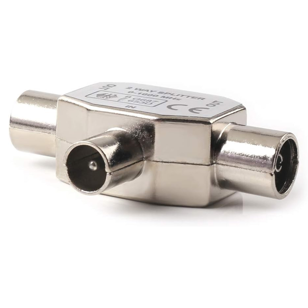 Silberner 2-Wege-Splitter mit zwei Anschlüssen, beschriftet '2 WAY SPLITTER'.