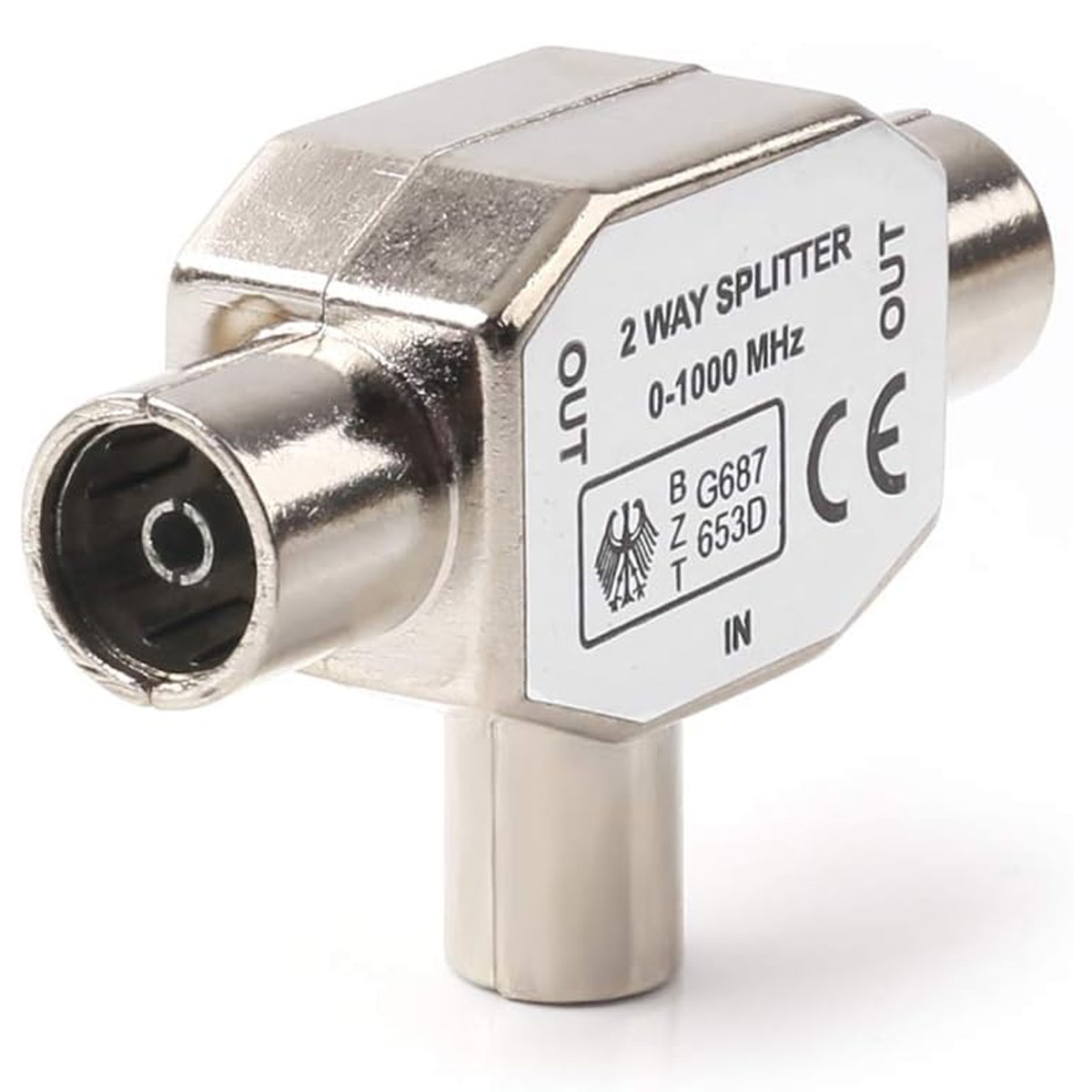 Silberner 2-Wege-Splitter mit '2 WAY SPLITTER'-Text. Hat 'IN'- und 'OUT'-Anschlüsse. Weißer Hintergrund.