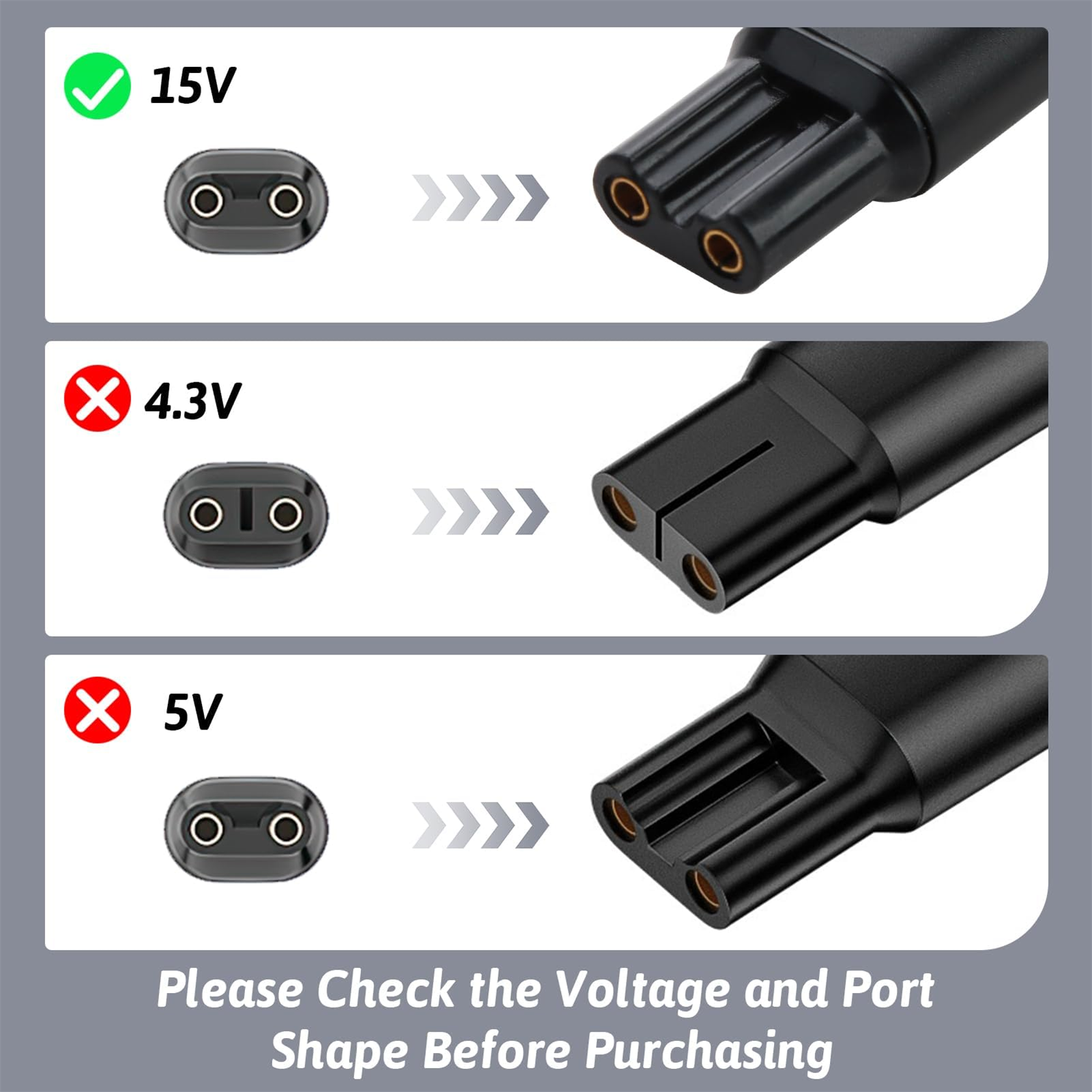 Diagramm zeigt elektrische Stecker. Einer ist 15V, zwei nicht, 4,3V und 5V. Überprüfen Sie die Spannung vor dem Kauf.