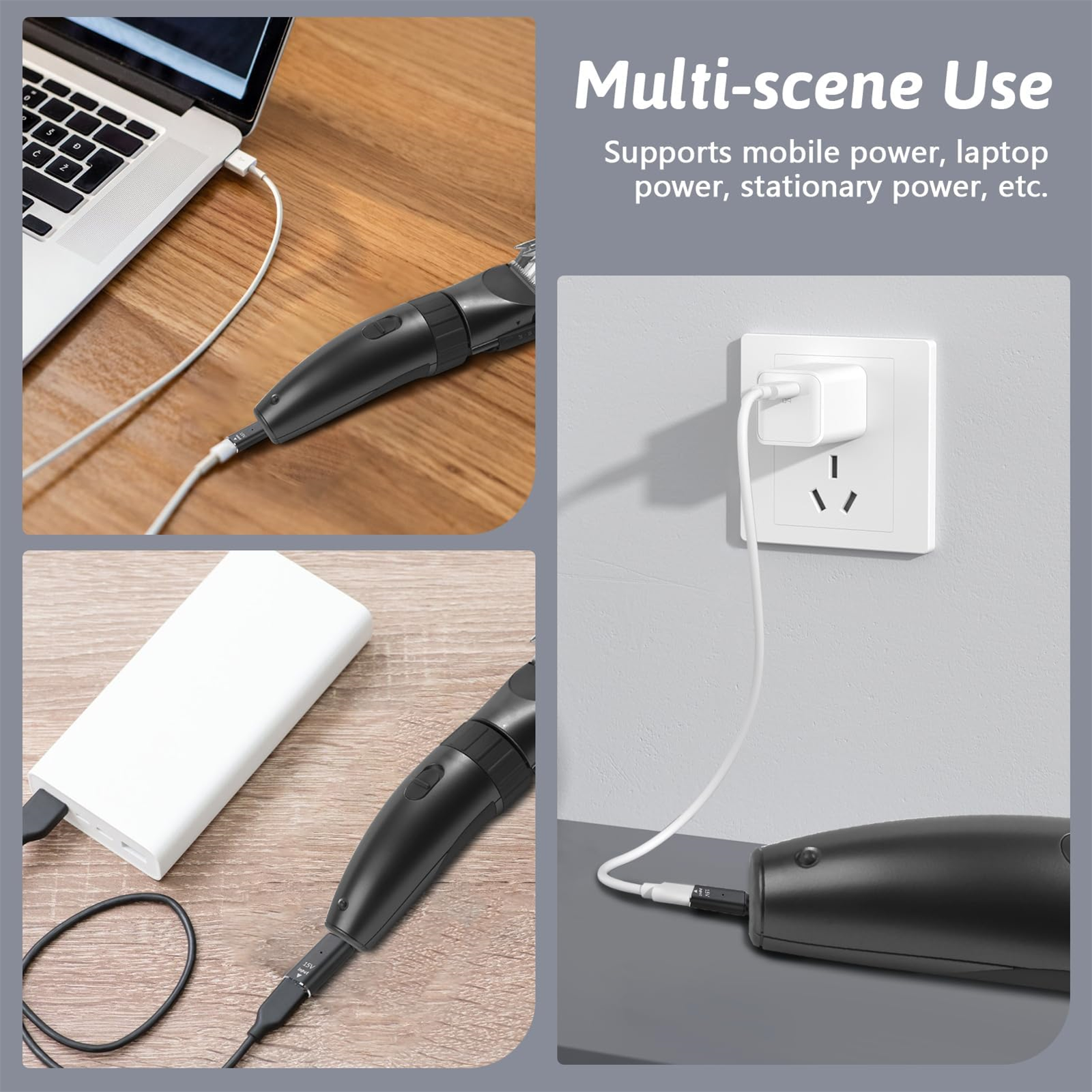 Ein schwarzer Haarschneider wird an einen Laptop, eine Steckdose und eine Powerbank angeschlossen, um die Mehrfachverwendung zu demonstrieren.