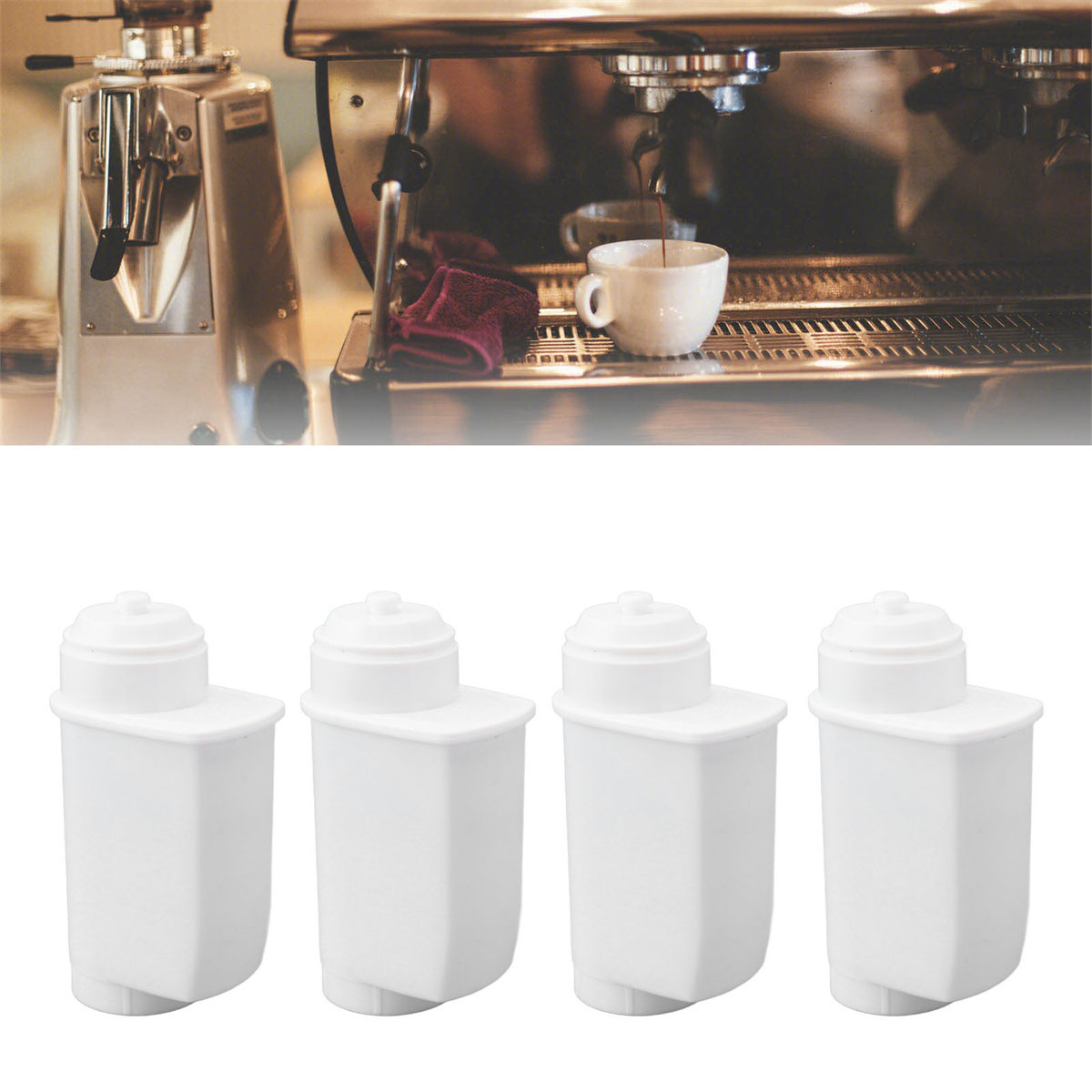 Kaffeemaschine gießt Kaffee in eine weiße Tasse. Vier weiße Wasserfilter darunter.