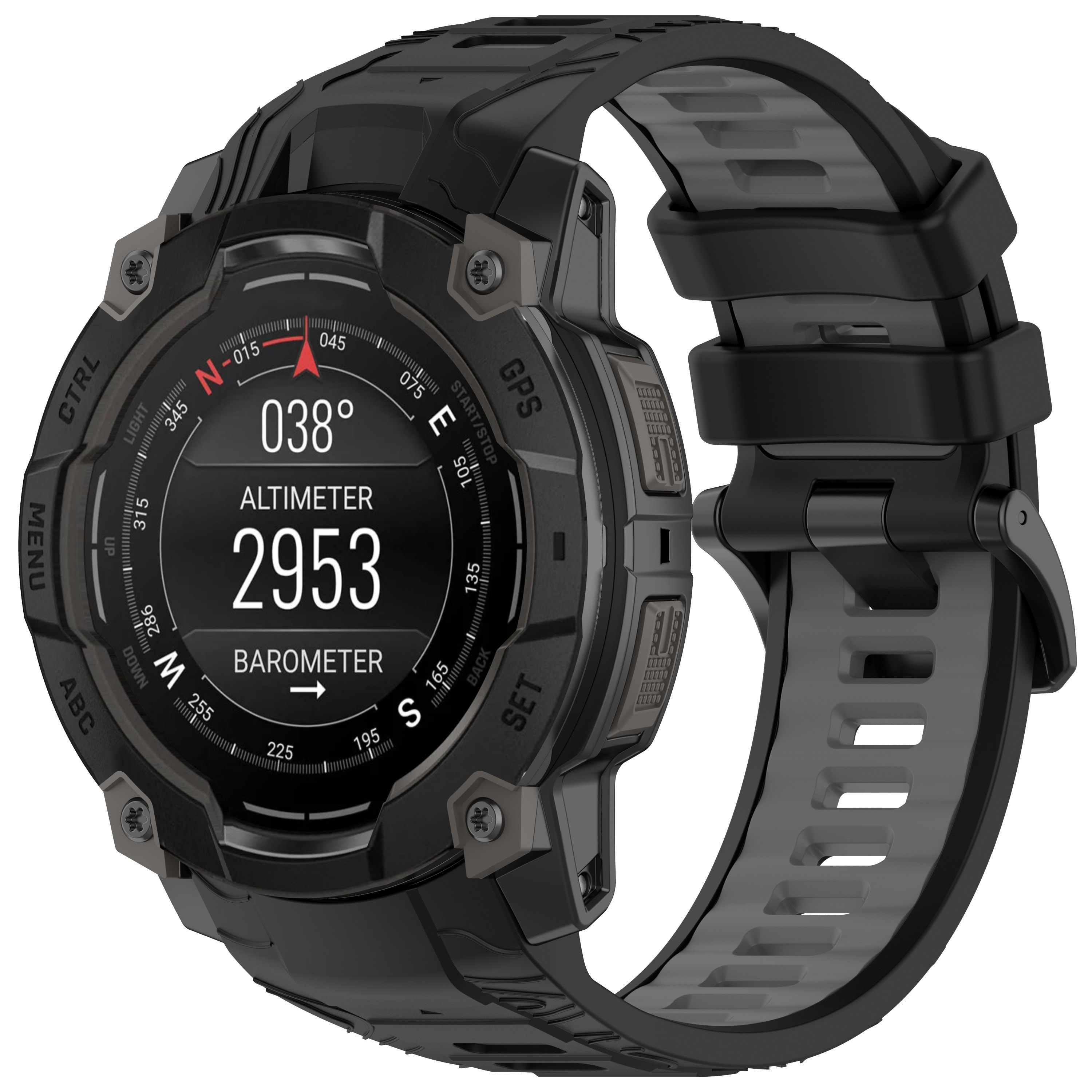 Smartwatch nero con bussola e altimetro, cinturino grigio scuro. Pulsanti laterali. Display con dati.