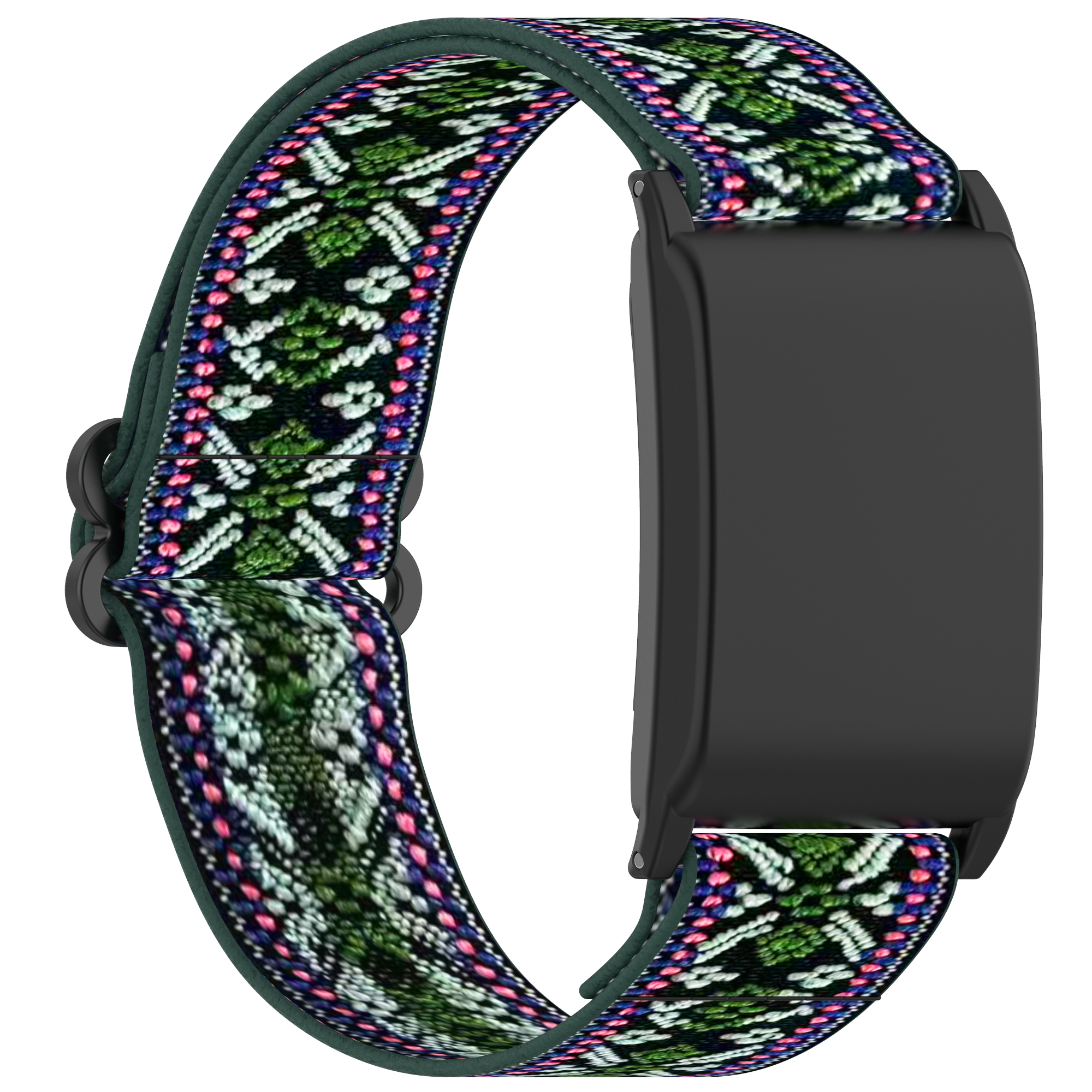 Grünes und schwarzes Fitness-Tracker-Armband mit einem schwarzen Fitness-Tracker.