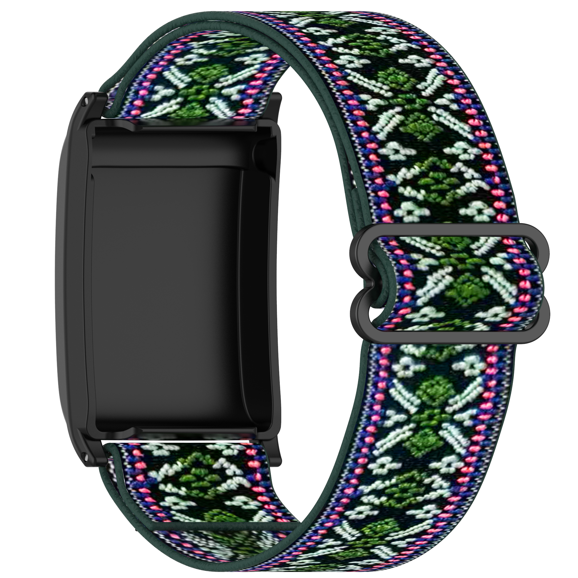 Schwarzes Smartwatch-Armband mit bunt gemustertem Stoff. Das Band liegt auf weißem Untergrund.