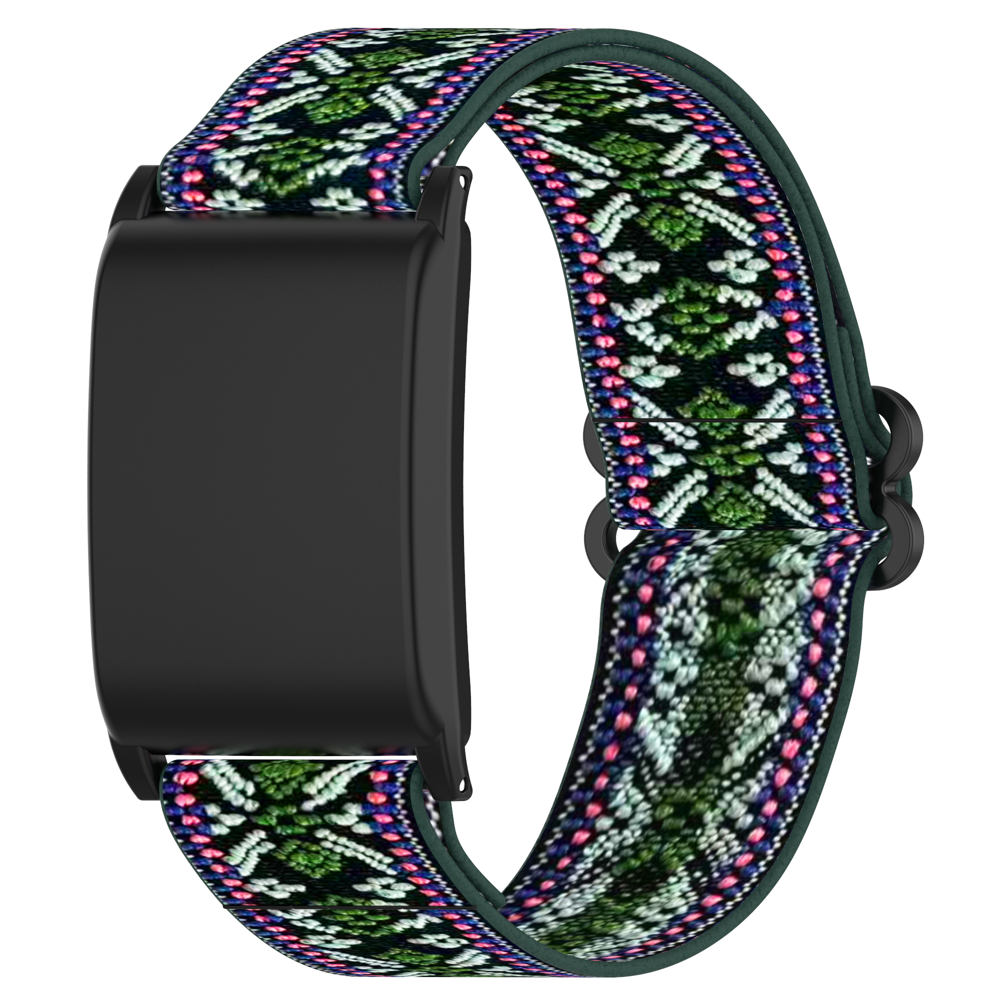 Schwarzer Fitnesstracker mit bunt gemustertem Armband, dunkelgrüner Hintergrund.