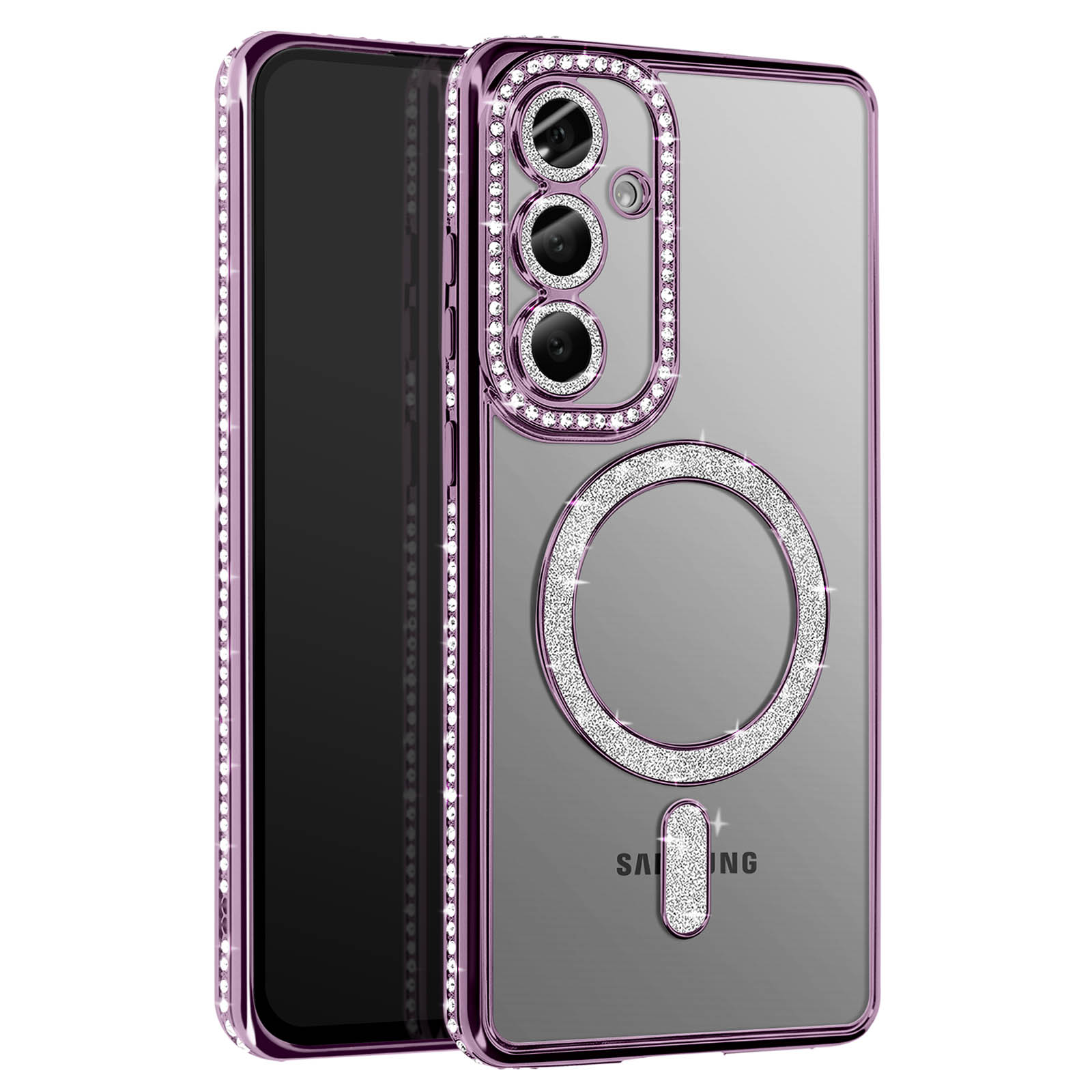 Custodia trasparente, viola con dettagli di gemme, mostra un telefono e una decorazione a forma di anello.
