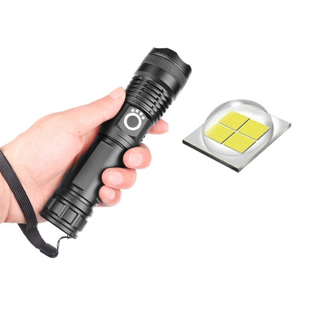 Schwarze Taschenlampe mit rundem Ein-/Ausschalter und separatem LED-Chip.