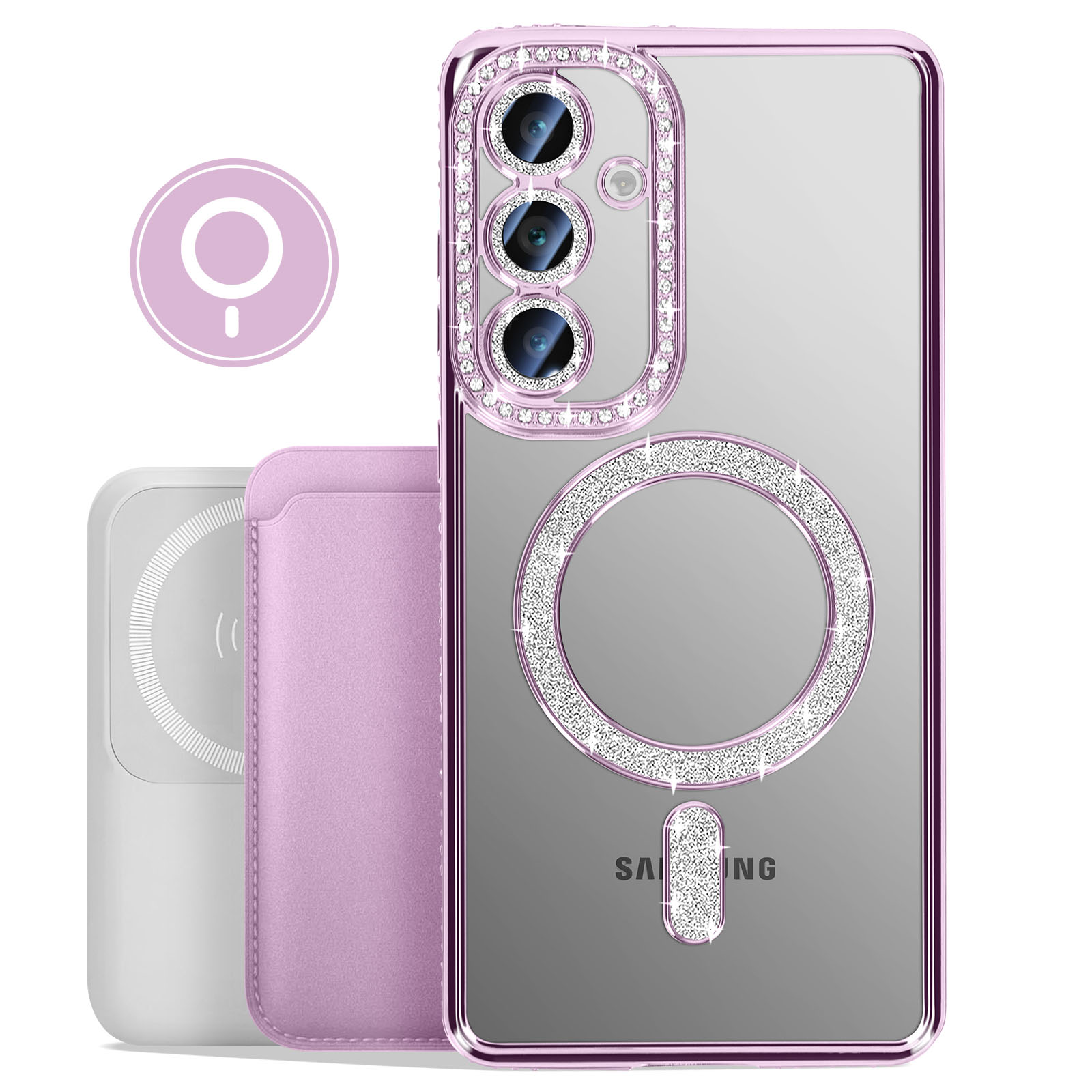 Custodia trasparente per telefono con dettagli in cristallo. Include portafoglio e pad.