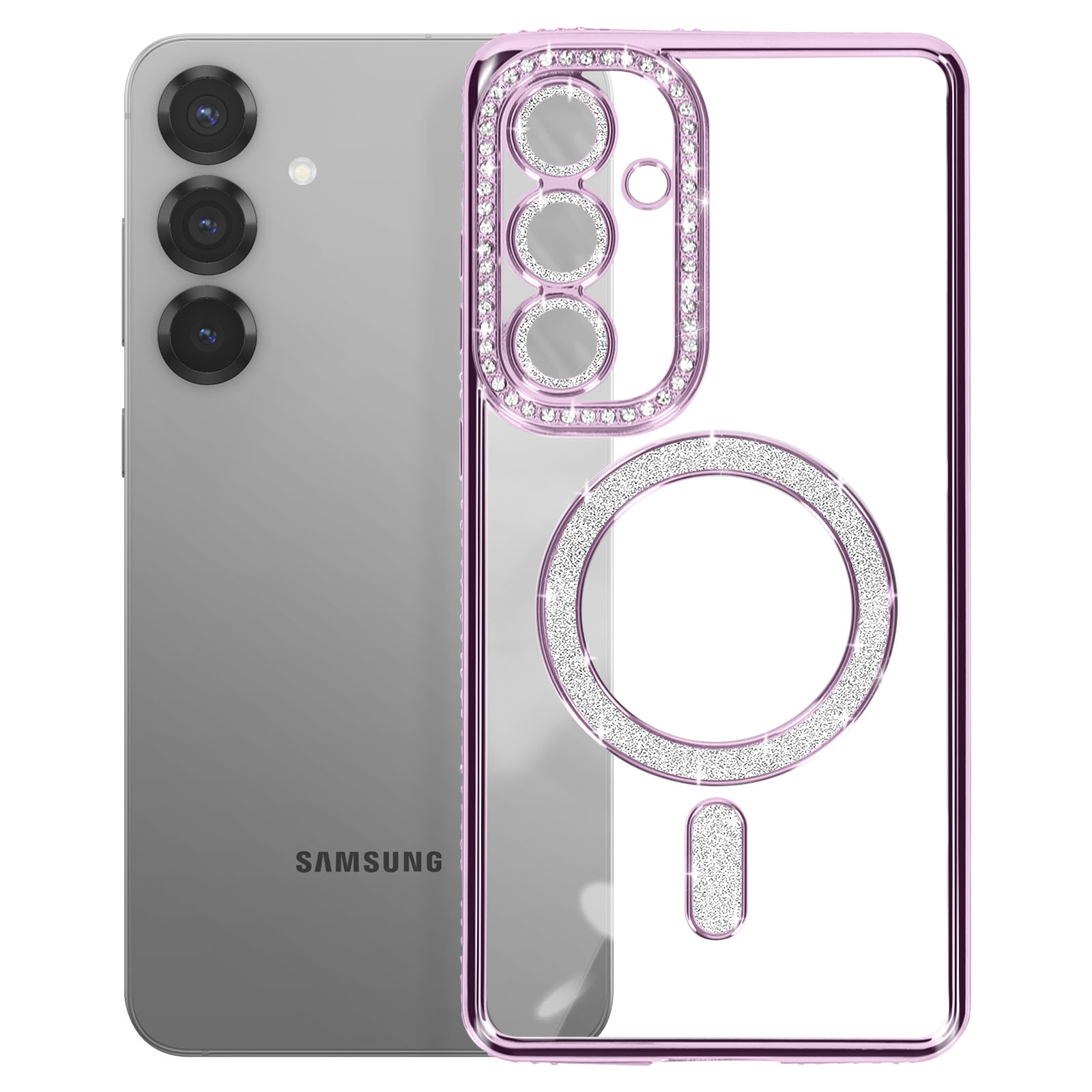 Uno smartphone con una custodia decorativa, che mostra il retro del telefono e il design della custodia.