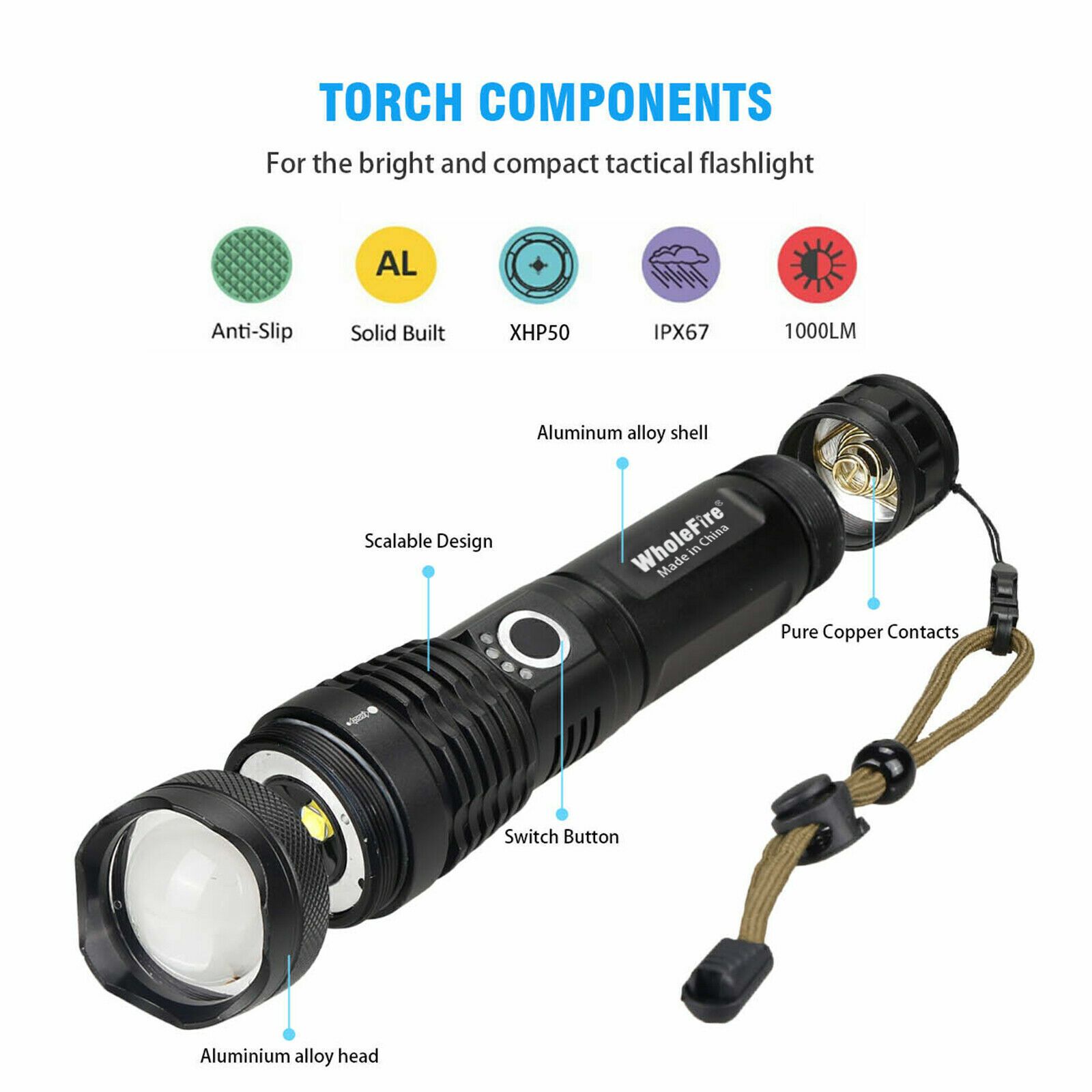 Eine schwarze Taschenlampe mit Text und Funktionen. Sie hat ein Aluminiumgehäuse.
