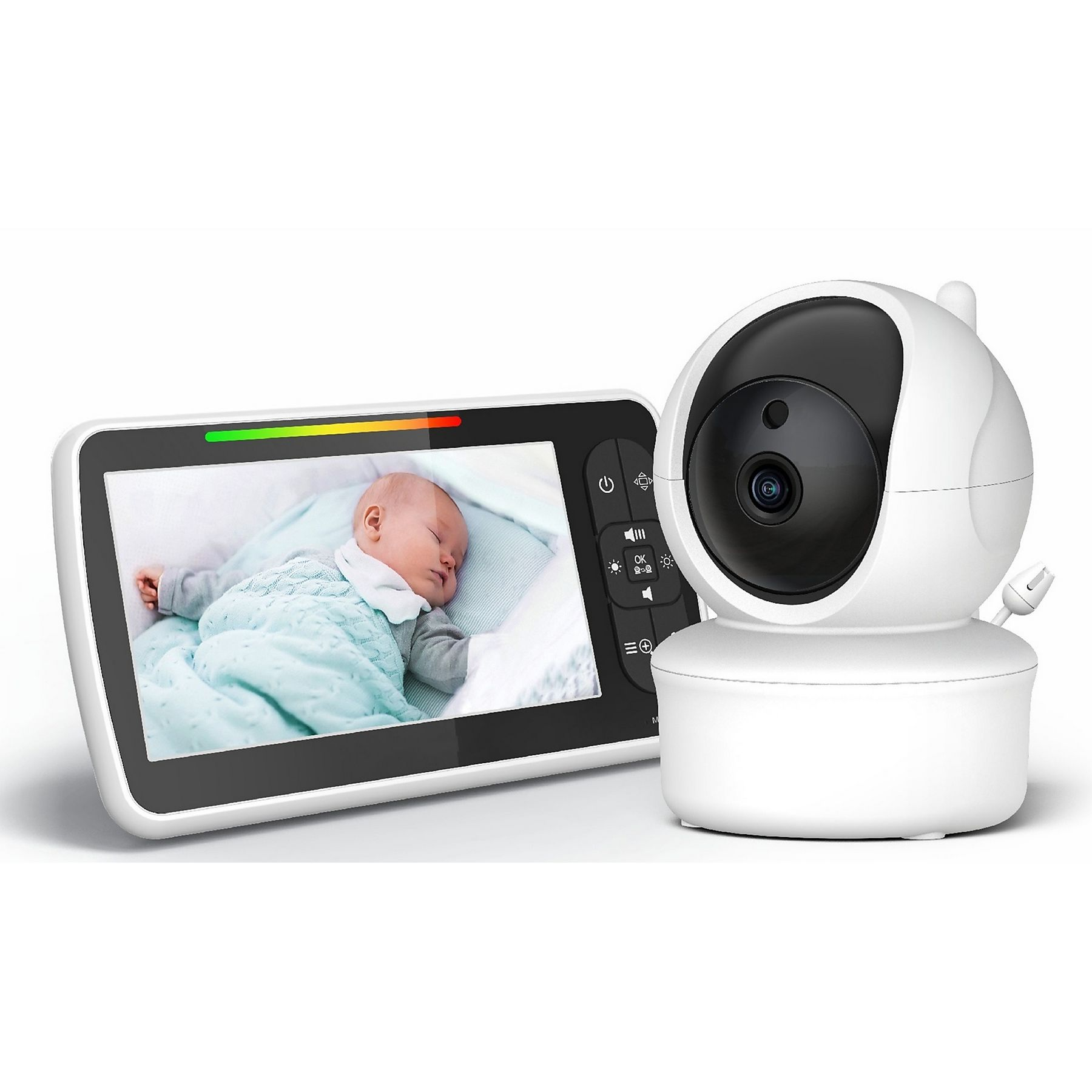 Babyphone mit einem Bildschirm, der ein schlafendes Baby zeigt, und einer weißen Kameraeinheit.