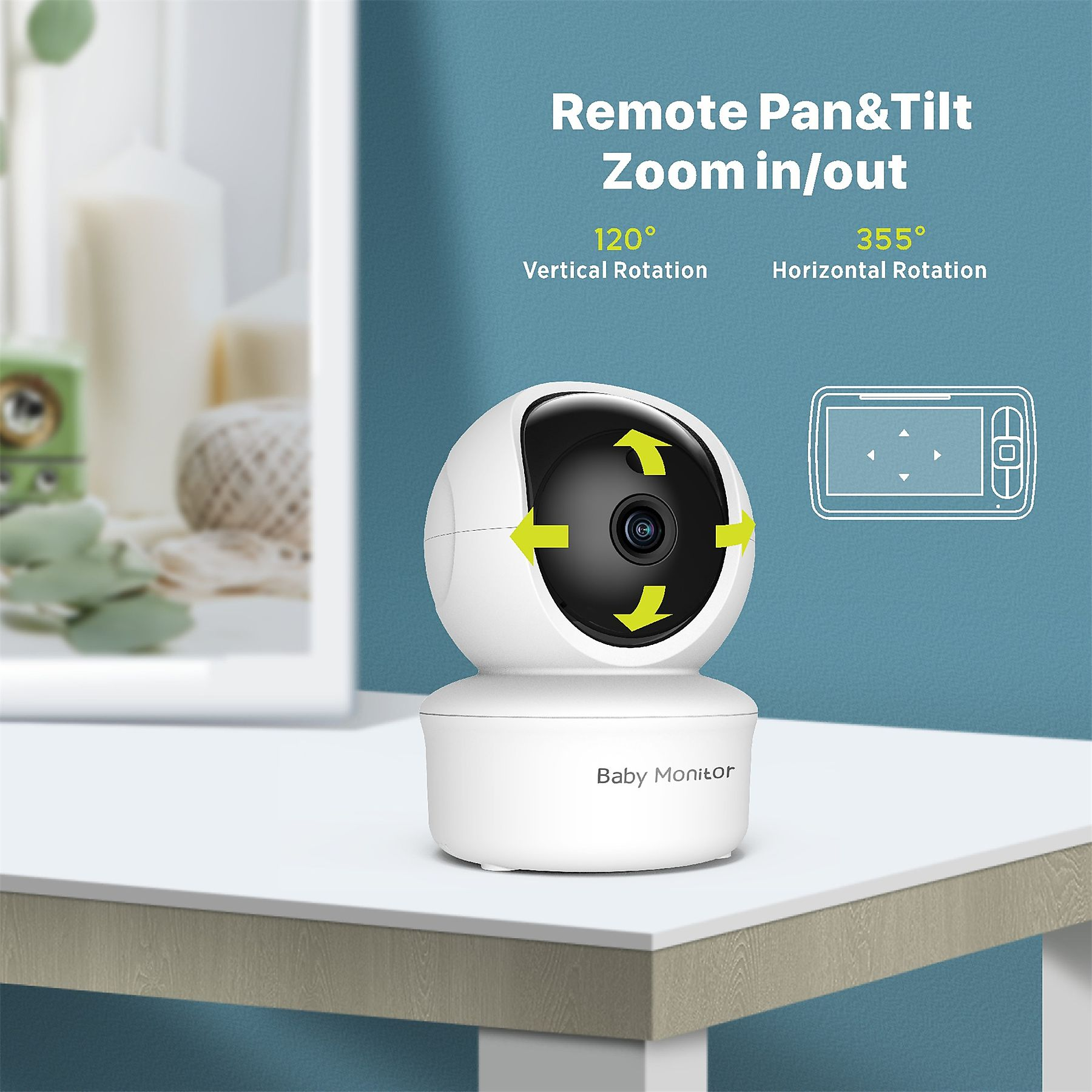 Ein weißer Baby-Monitor mit schwarzem Kameraobjektiv auf einem Tisch, mit Text über die Drehung.
