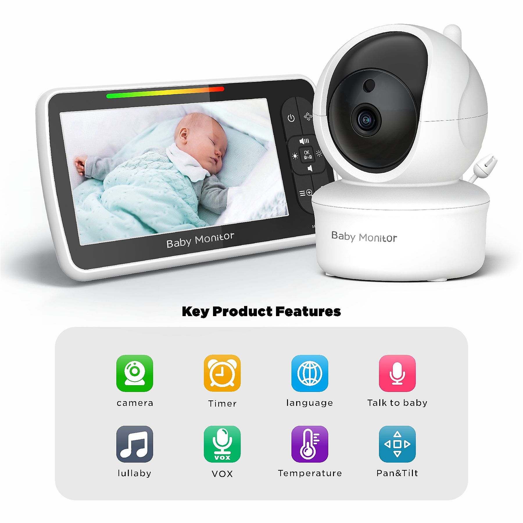 Ein Babyphone mit einem schlafenden Baby auf dem Bildschirm und Symbolen der Produktmerkmale.