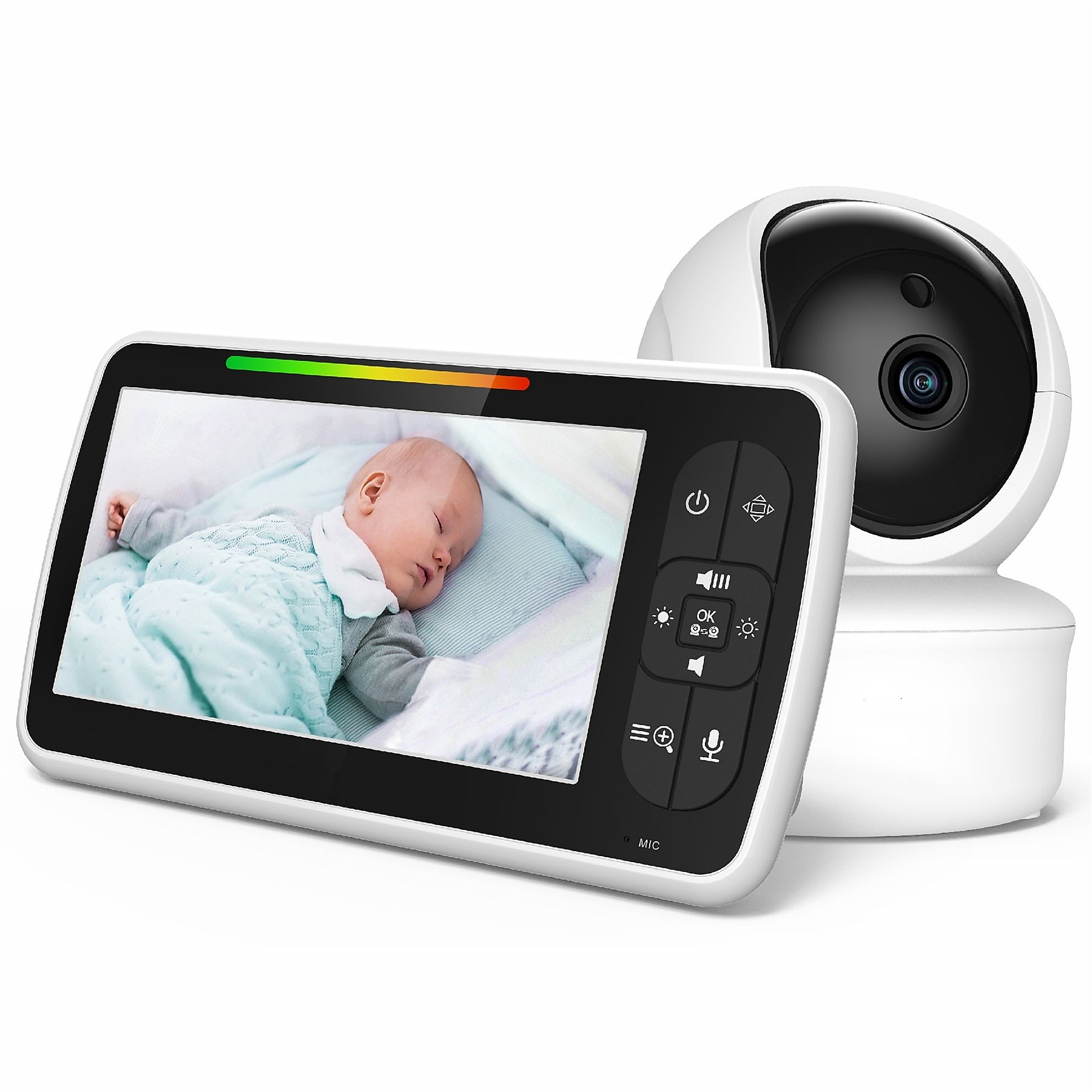 Babyphone-Bildschirm, der ein schlafendes Baby zeigt, eine Kamera auf der rechten Seite.