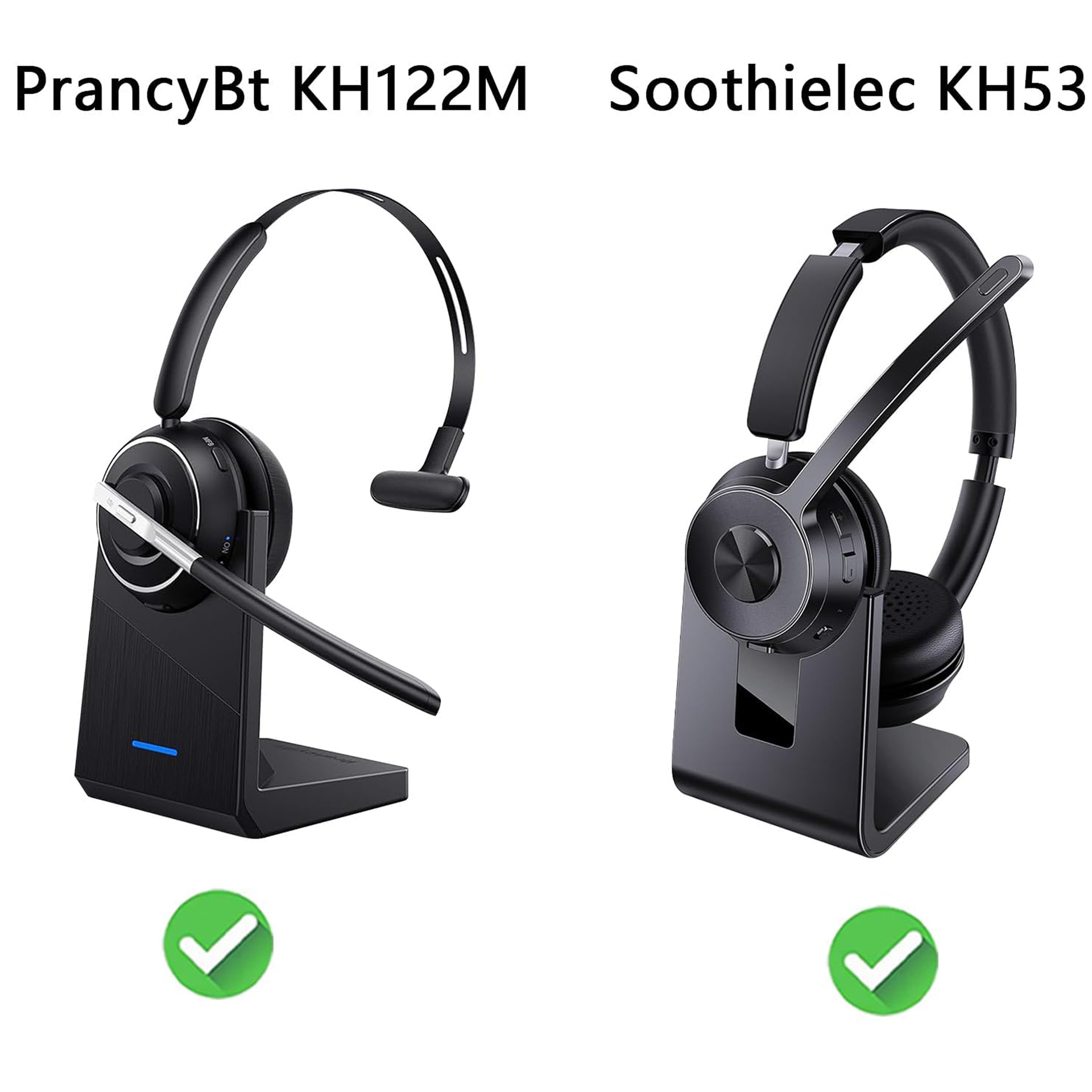 Twee zwarte headsets op hun oplaadstations. De linker headset is van het merk "PrancyBt KH122M", rechts "Soothielec KH53".