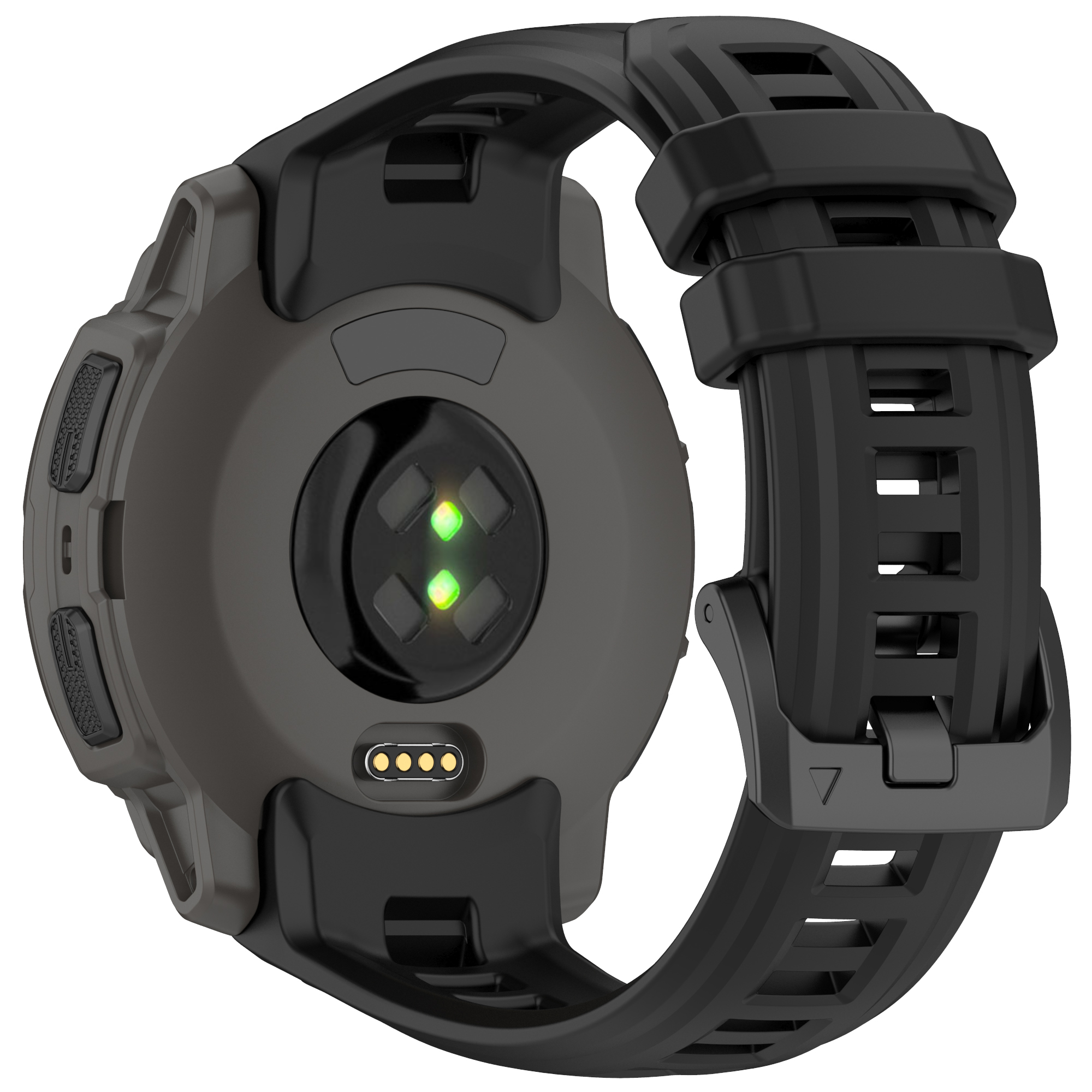 Eine schwarze Garmin Smartwatch, Rückansicht, mit Herzfrequenzsensoren und Armbanddetails.
