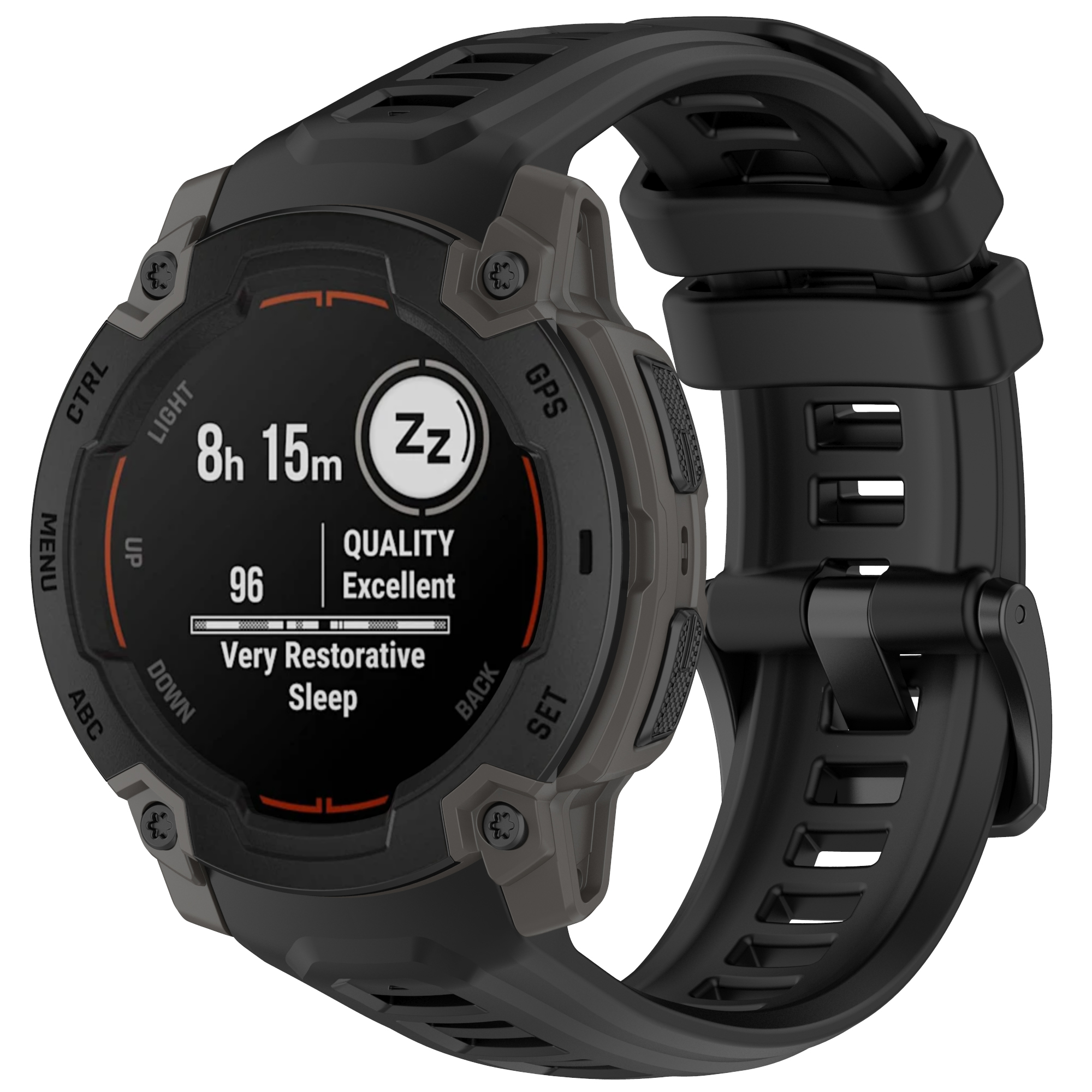 Eine schwarze Garmin Smartwatch mit grauer Lünette, die Schlafdaten anzeigt: 8h 15m, ausgezeichnete Schlafqualität.