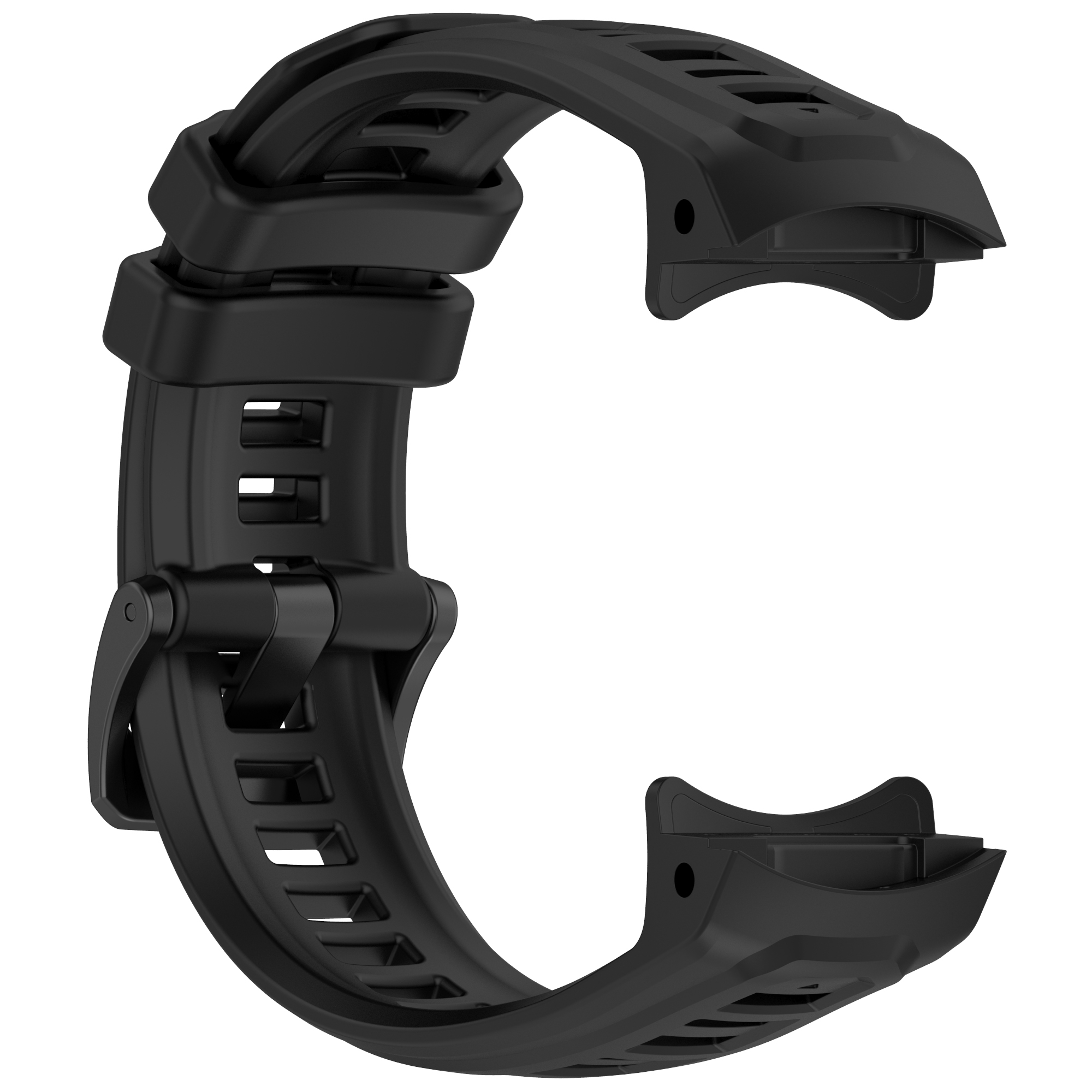 Schwarzes Uhrenarmband mit robustem Design, mit Verschluss und verstellbaren Teilen.