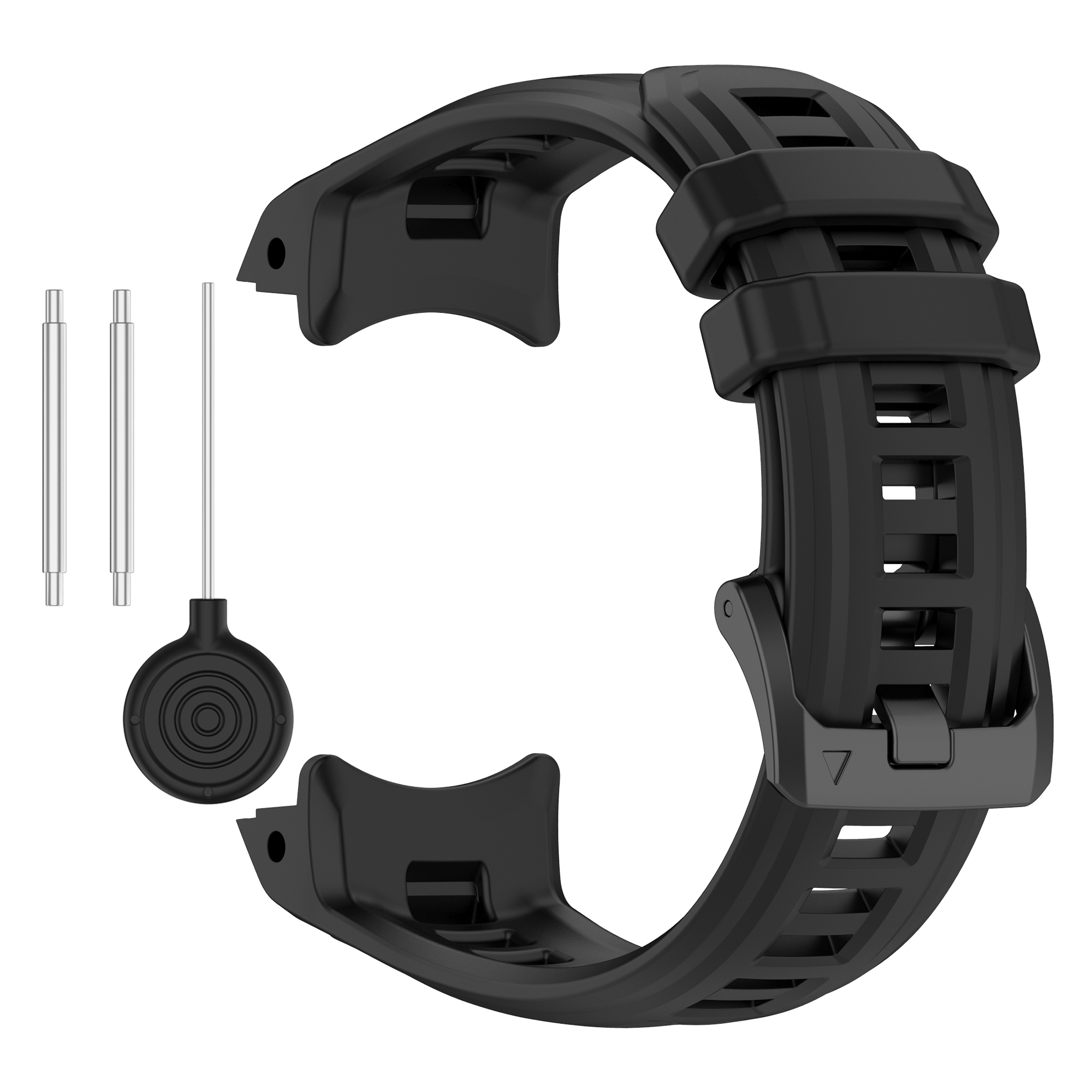 Schwarzes Uhrenarmband mit Schnalle und Werkzeug zum Befestigen.