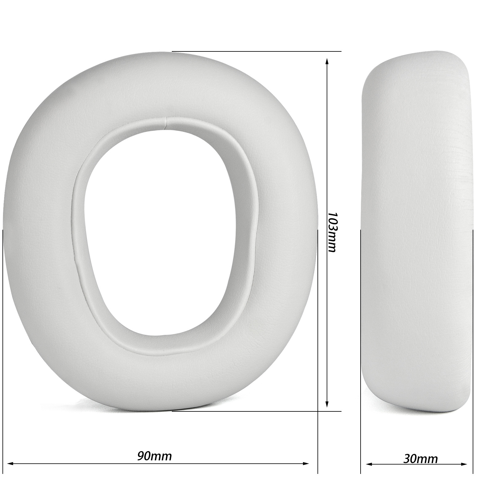 Cuscinetti auricolari bianchi per cuffie con dimensioni: 90 mm, 103 mm e 30 mm.